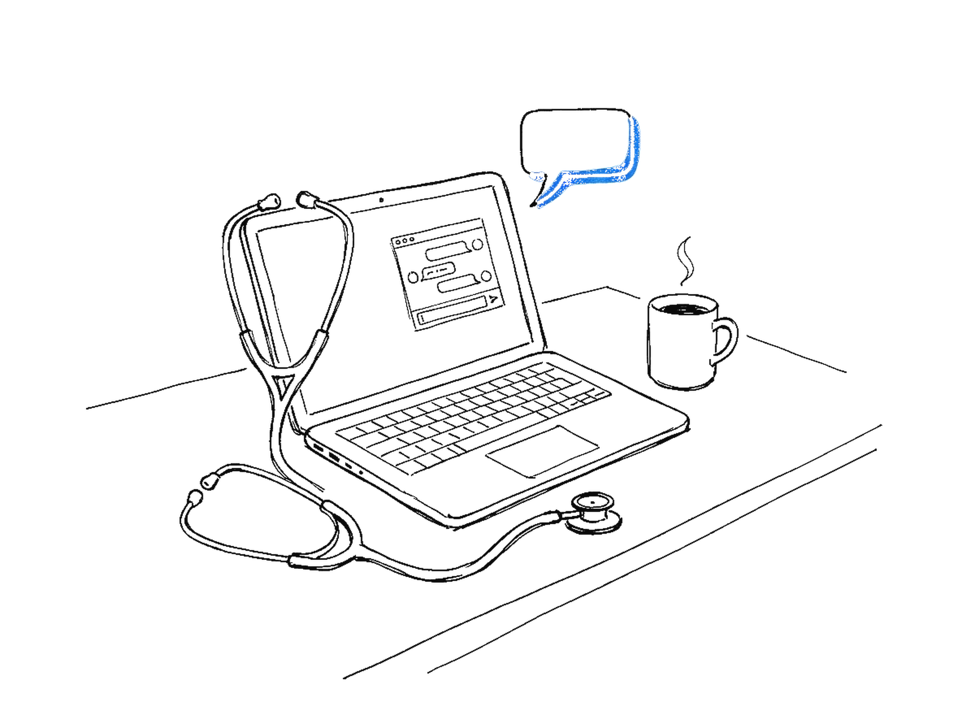 Handgezeichnete Skizze eines Stethoskops auf einem Laptop neben einer Kaffeetasse, mit einer elektroblauen Chat-Sprechblase