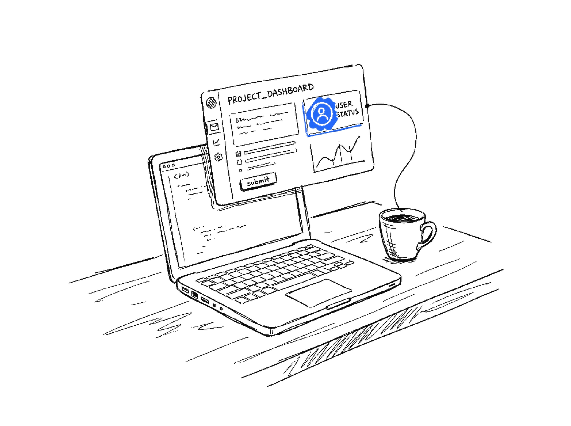 Handgezeichnete Skizze eines Laptops mit einer schwebenden interaktiven Webseiten-Karte darueber, mit elektroblauem Akzent