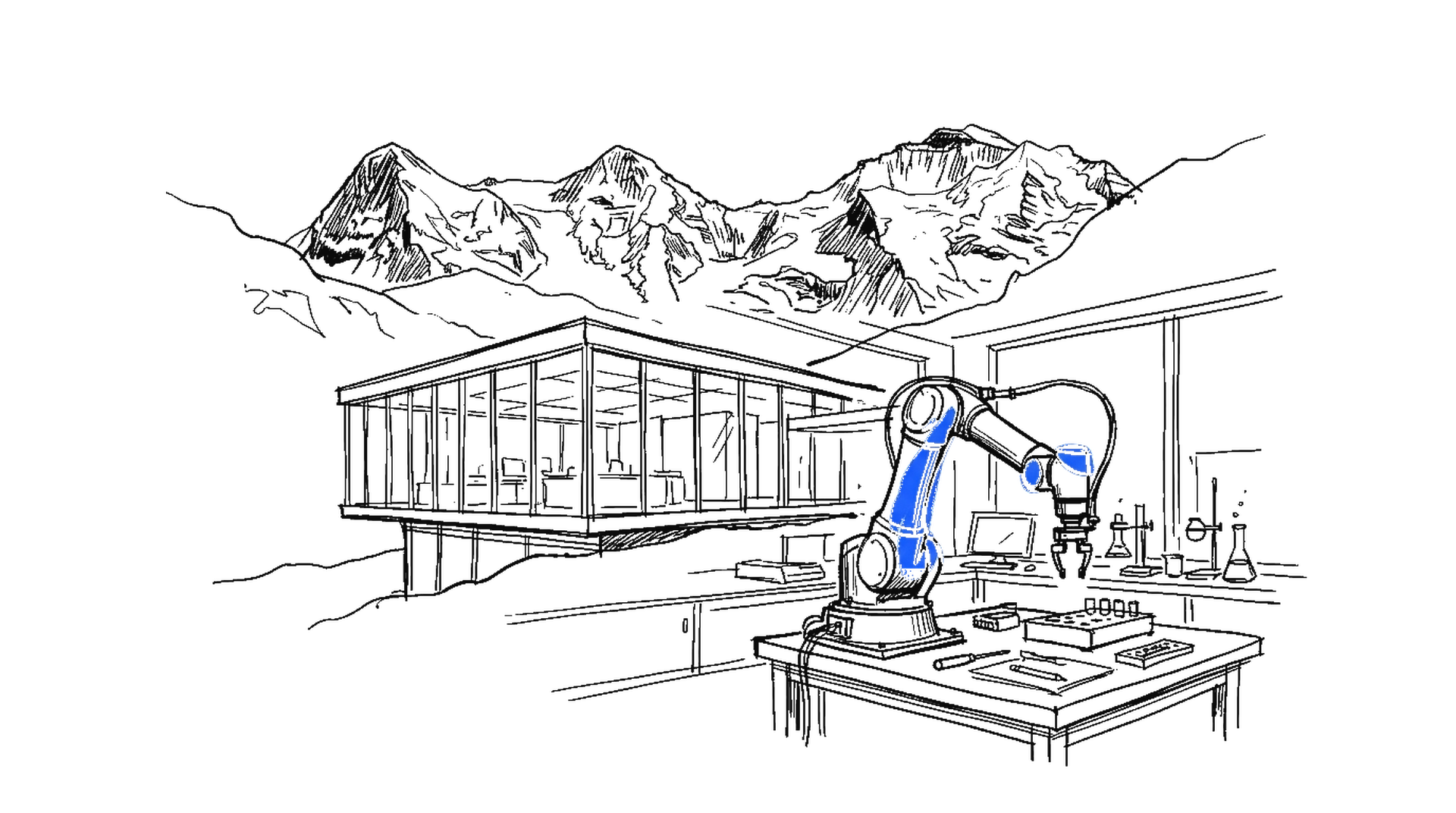Handgezeichnete Skizze eines Roboterarms auf einer Werkbank vor einem modernen Forschungslabor und Schweizer Bergpanorama, mit elektroblauem Akzent