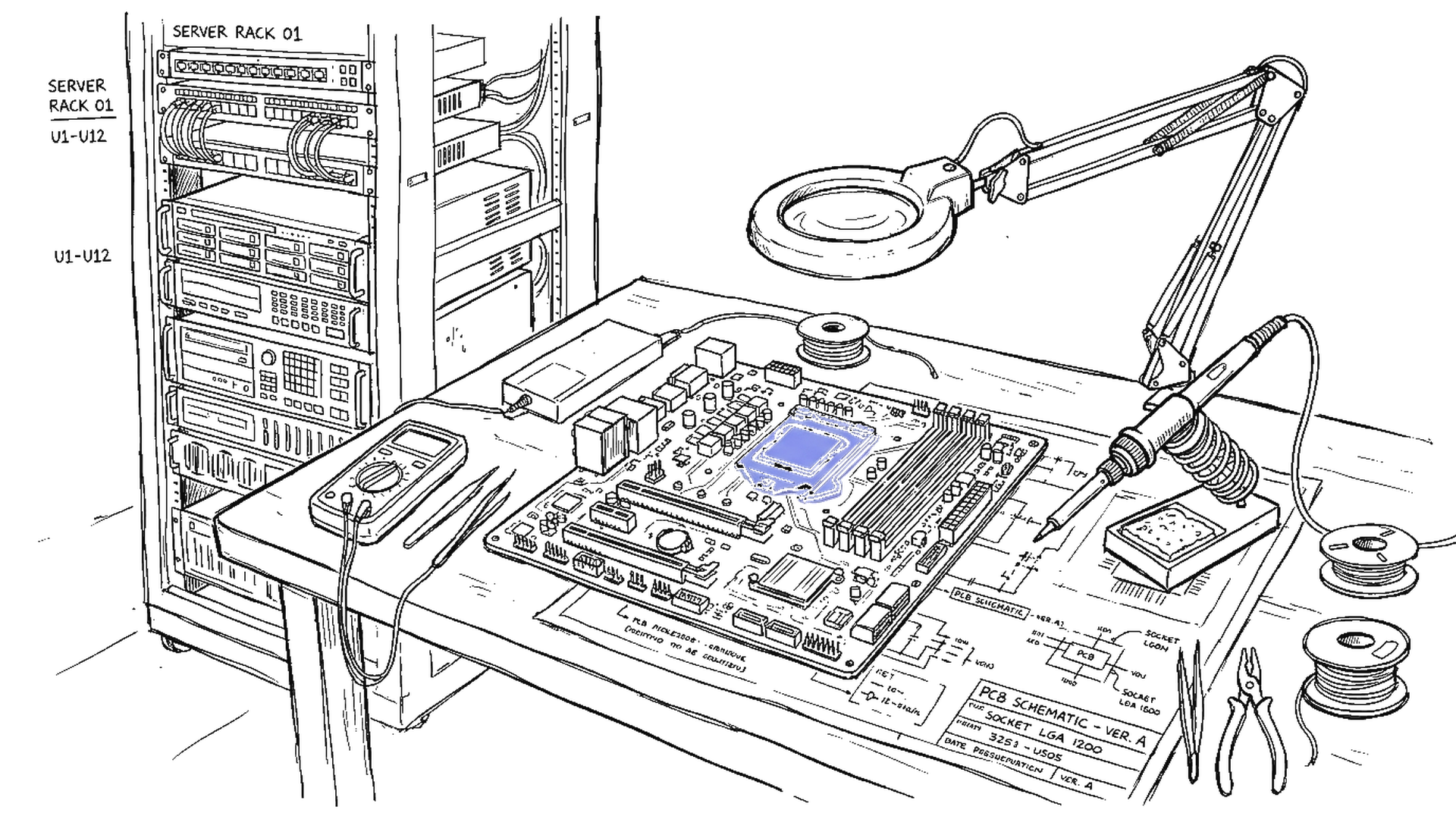 Illustration eines Prozessor-Chips auf Platine mit Lötstation, kinewsletter.ch Stil
