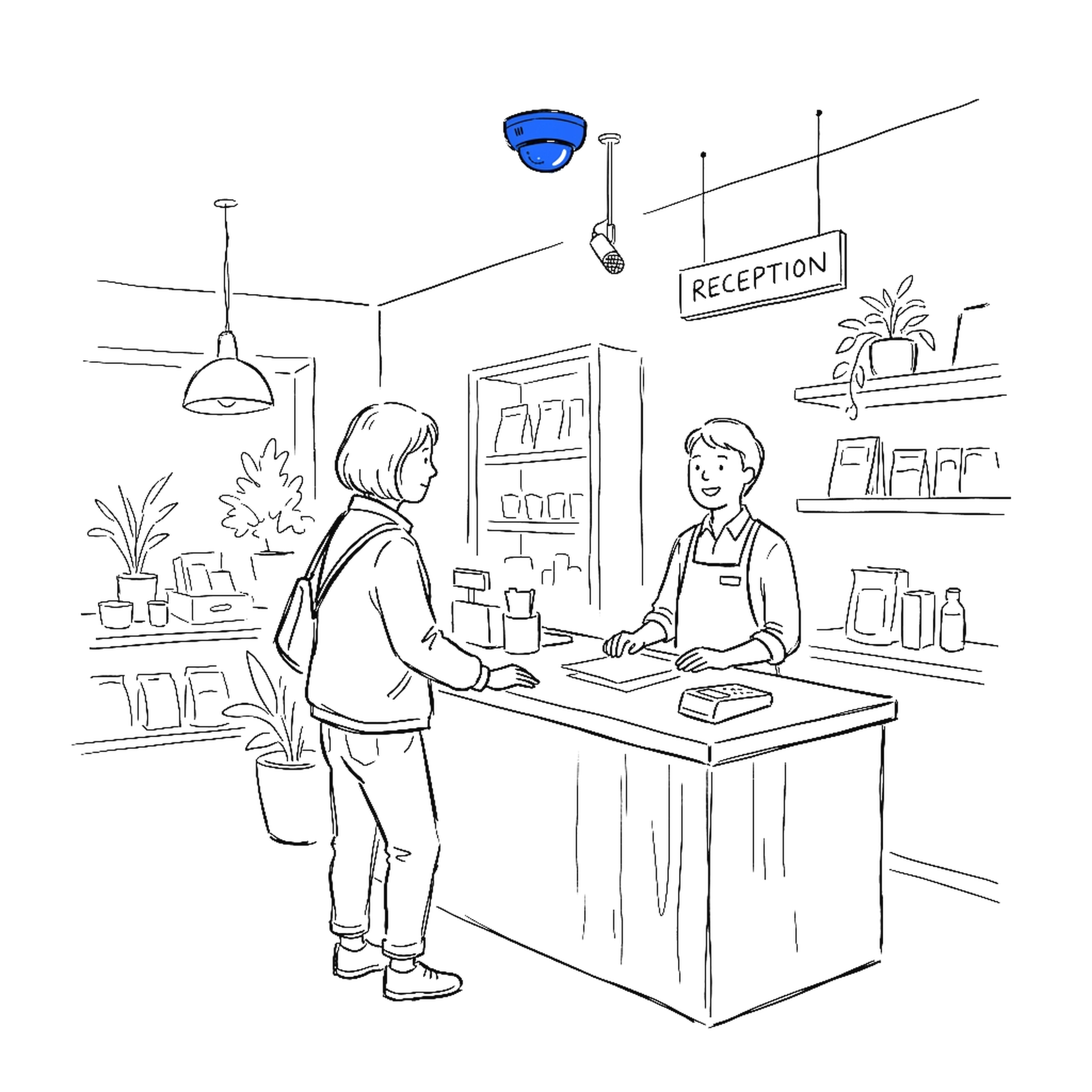 Handgezeichnete Skizze eines Shops mit Deckensensor über einem Beratungstisch, kinewsletter.ch Stil