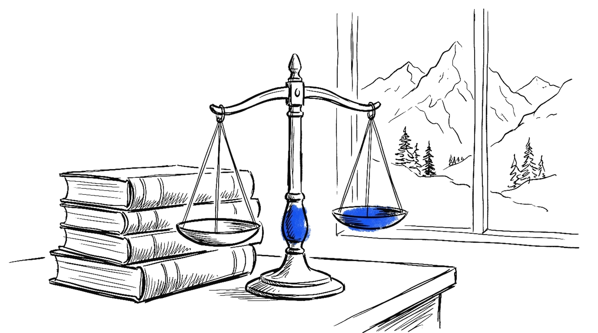 Illustration einer Justizwaage mit Gesetzesbüchern und Alpenpanorama im Fenster, kinewsletter.ch Stil