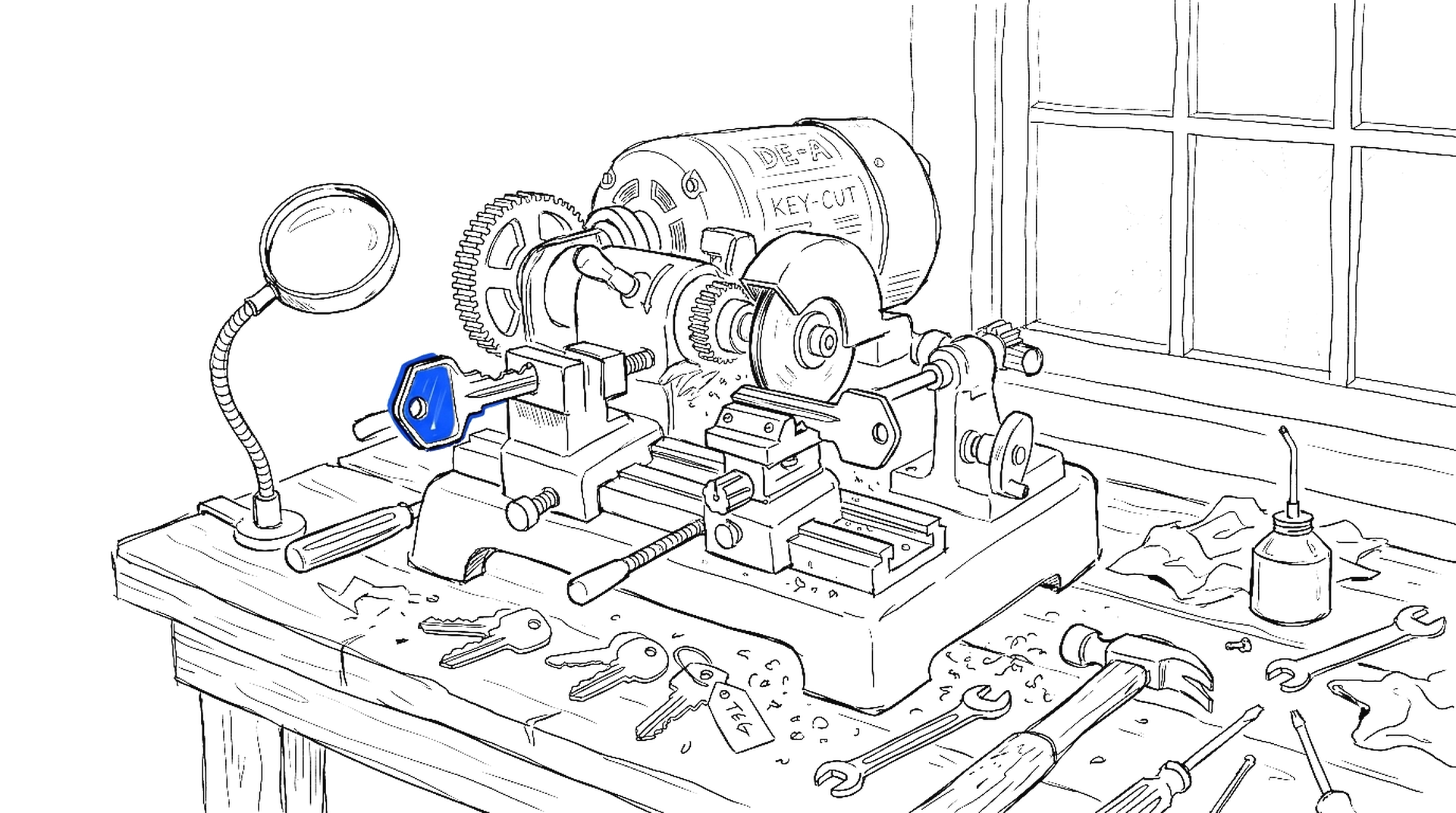 Illustration einer Schlüsselkopiermaschine, kinewsletter.ch Stil