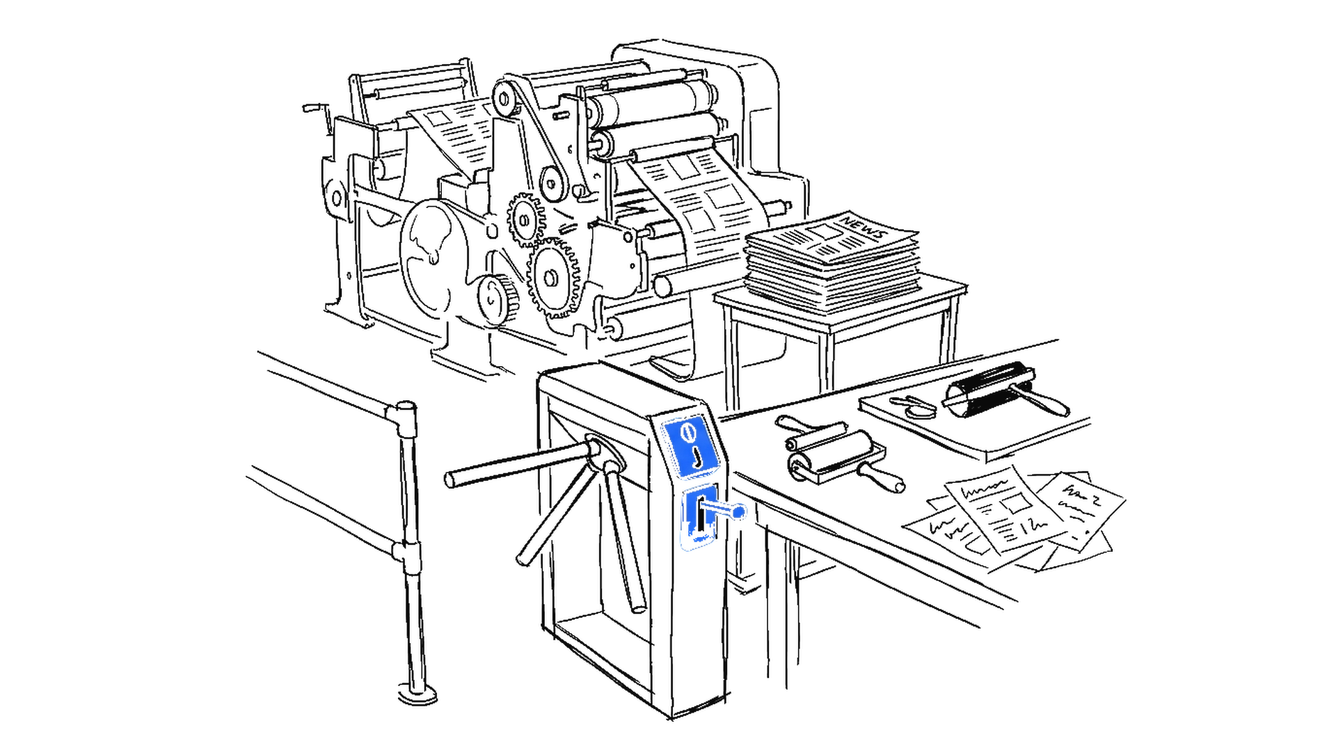 Illustration einer Druckmaschine mit gestapelten Zeitungen und einem Drehkreuz-Tor, kinewsletter.ch Stil