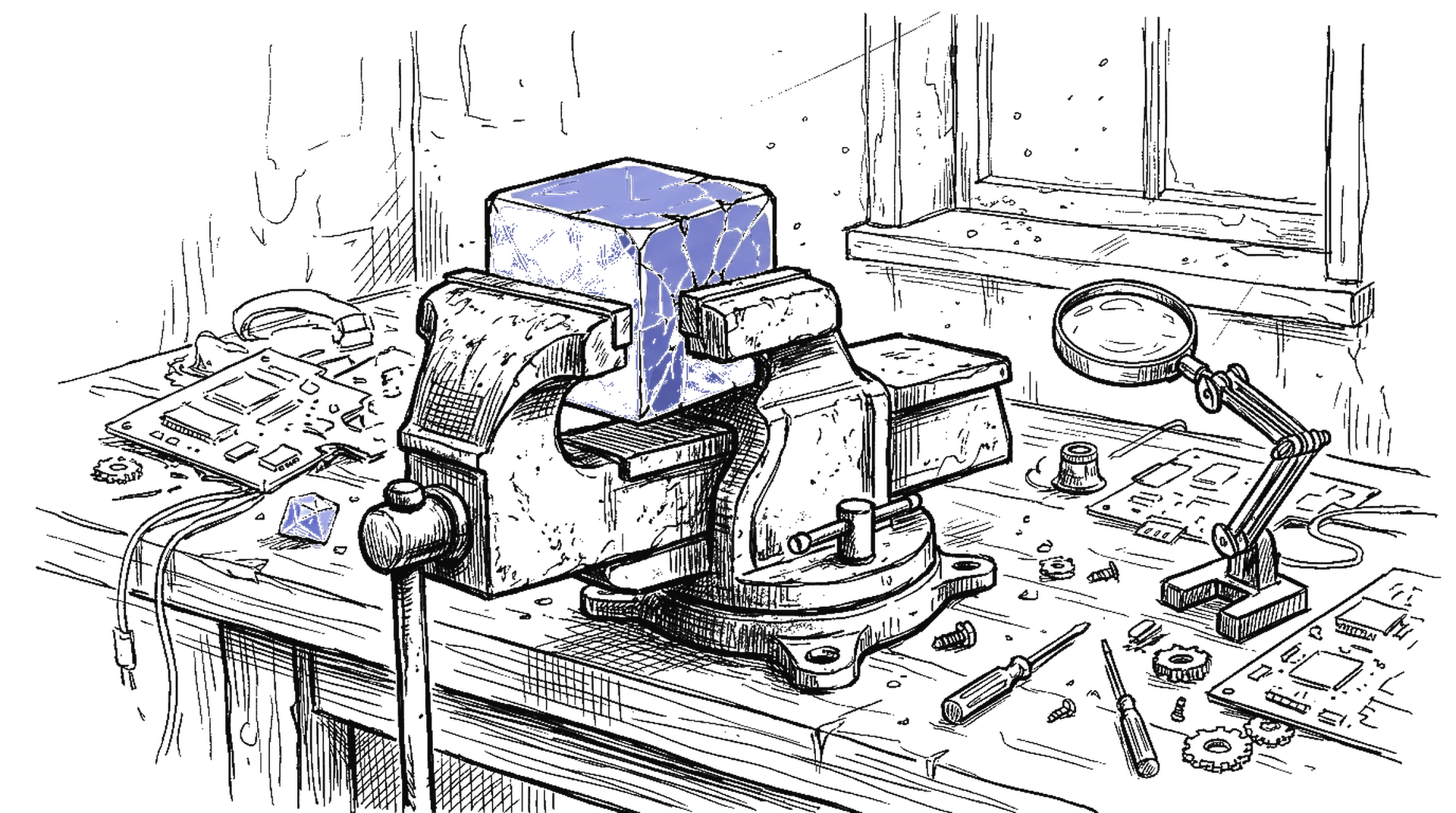 Illustration einer mechanischen Presse die einen Kristall komprimiert, kinewsletter.ch Stil