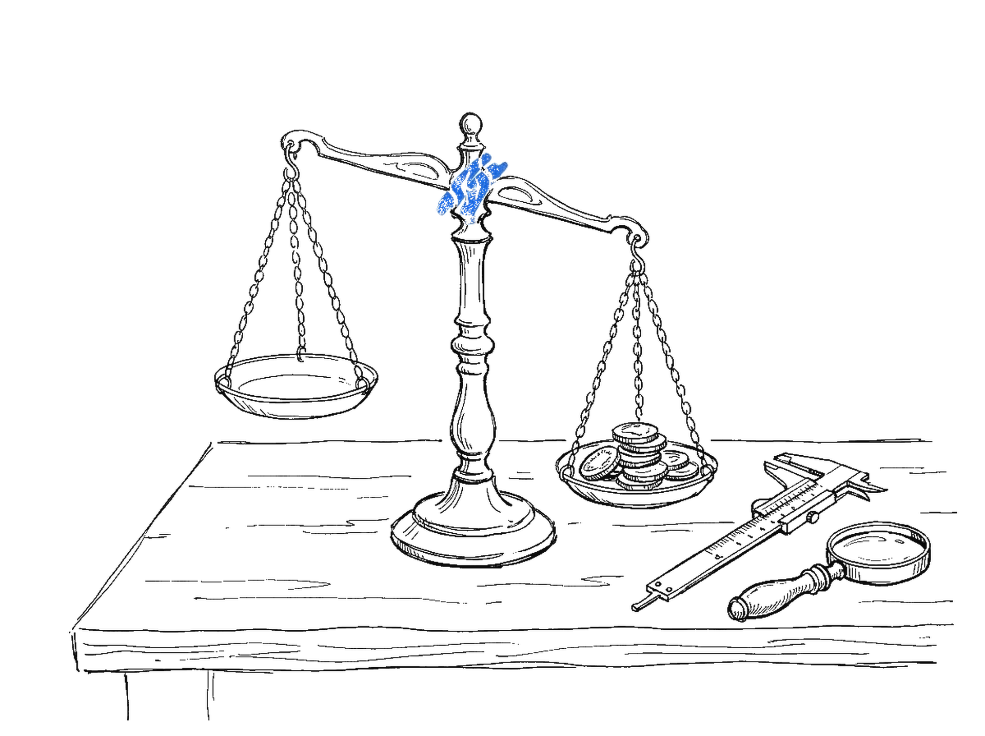 Illustration einer Balkenwaage mit Messschieber und Lupe als Sinnbild für unterschätzte Messwerte, kinewsletter.ch Stil