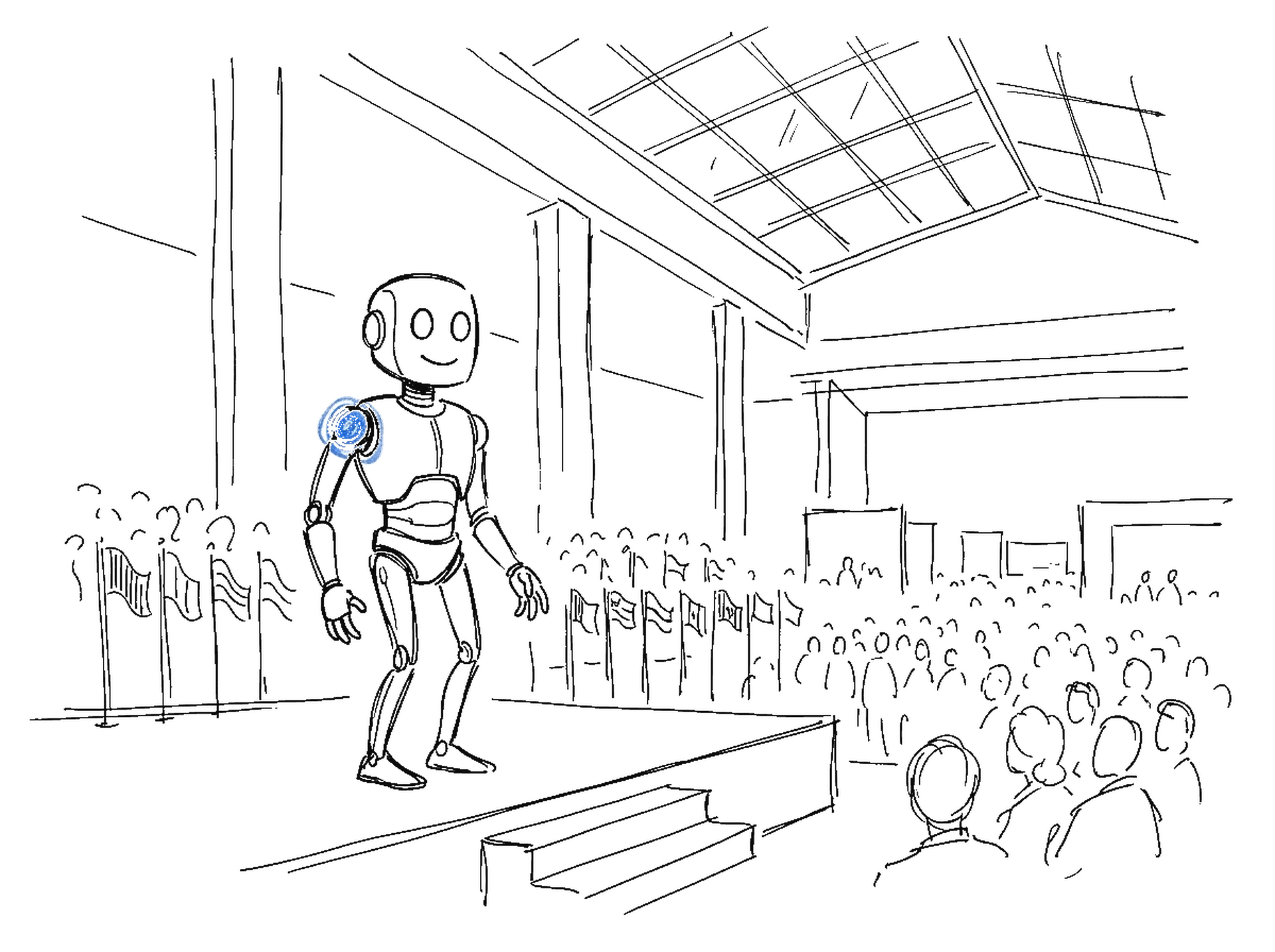 Handgezeichnete Illustration eines humanoiden Roboters auf einer Bühne vor Publikum und Länderfahnen, kinewsletter.ch Stil