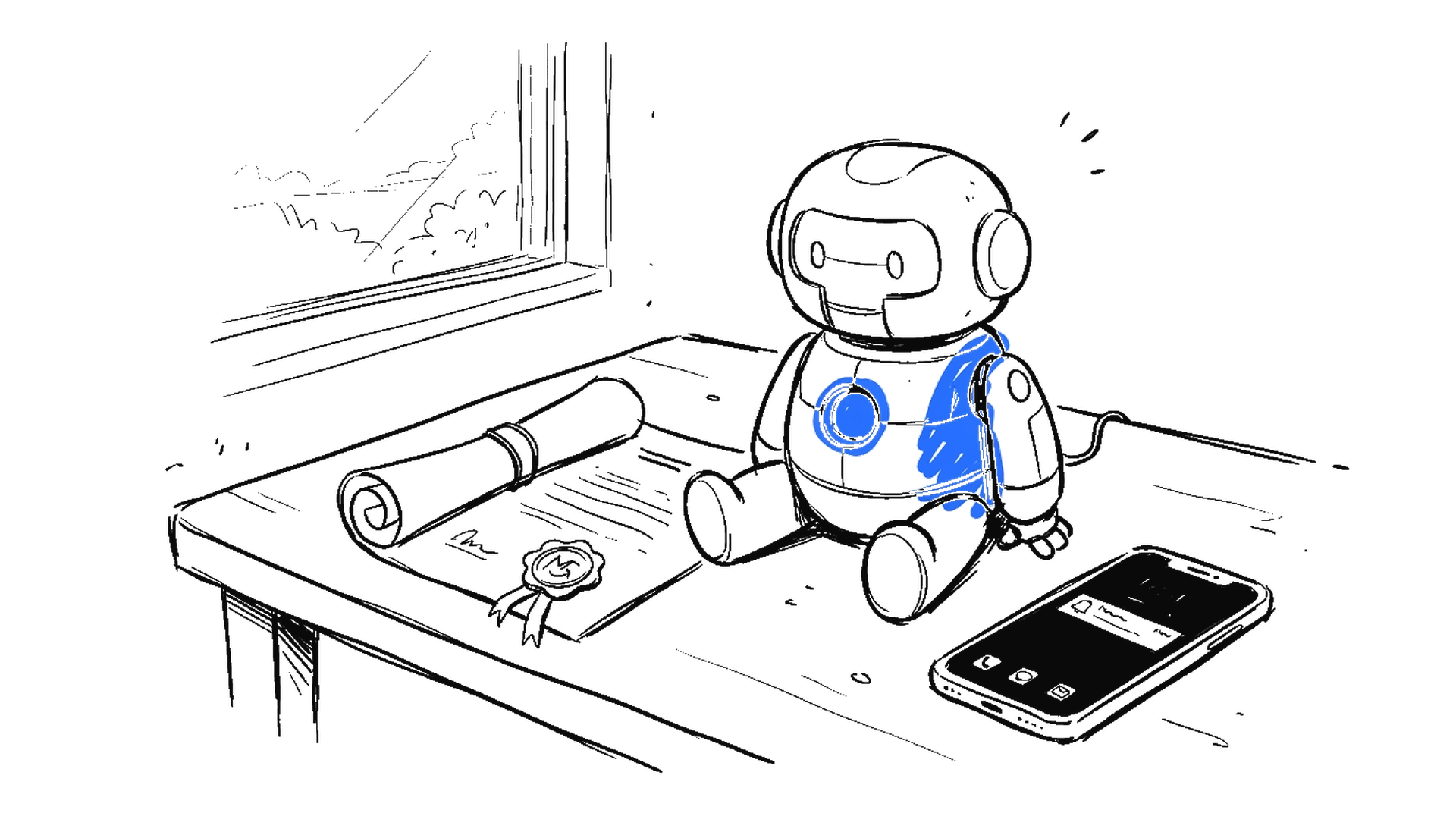 Illustration eines abgeschalteten KI-Begleiter-Roboters neben Gesetzesdokument und Smartphone, kinewsletter.ch Stil