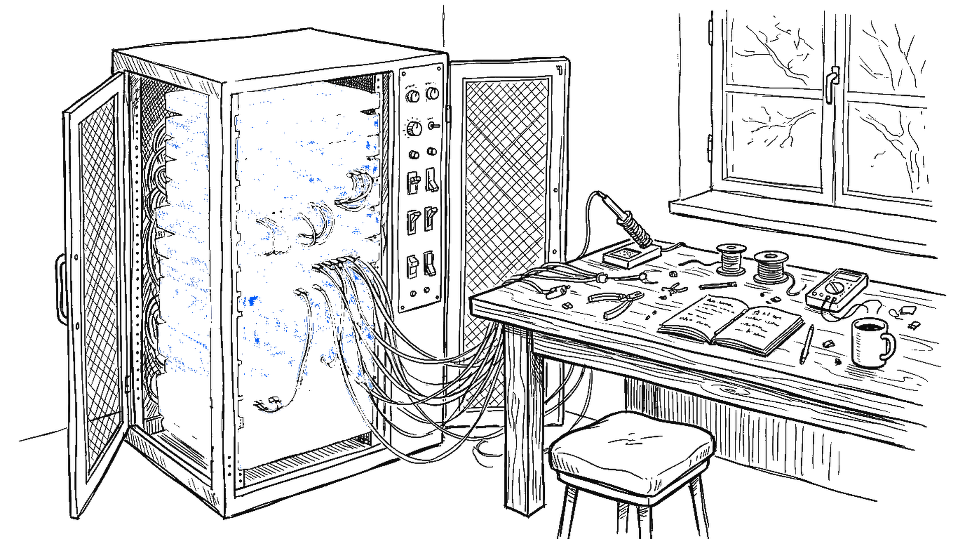 Illustration eines offenen Serverschranks an einer Werkbank, kinewsletter.ch Stil