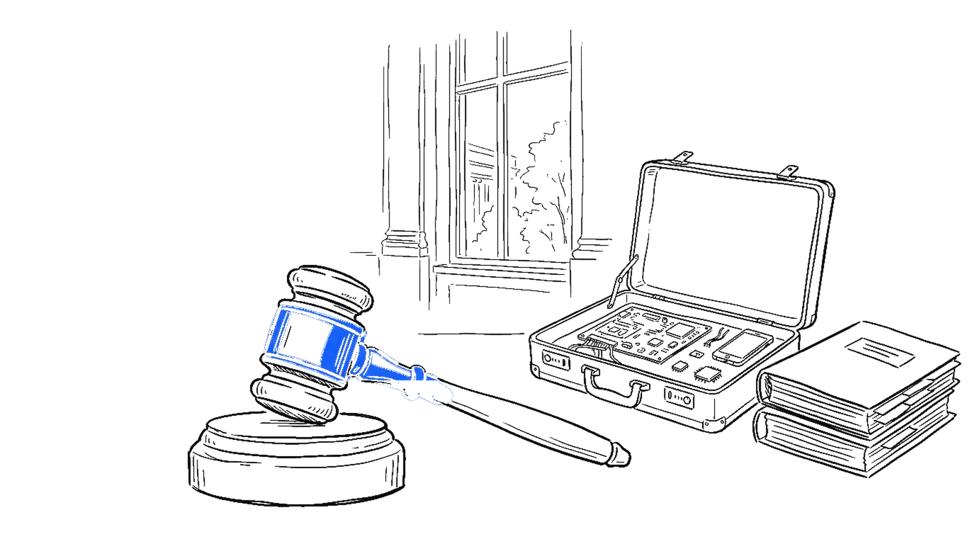Handgezeichnete Skizze: ein Richterhammer mit blauem Akzent vor einem geöffneten Metallkoffer mit Platine und Smartphone-Bauteilen – Symbol für Apples Klage gegen OpenAI.