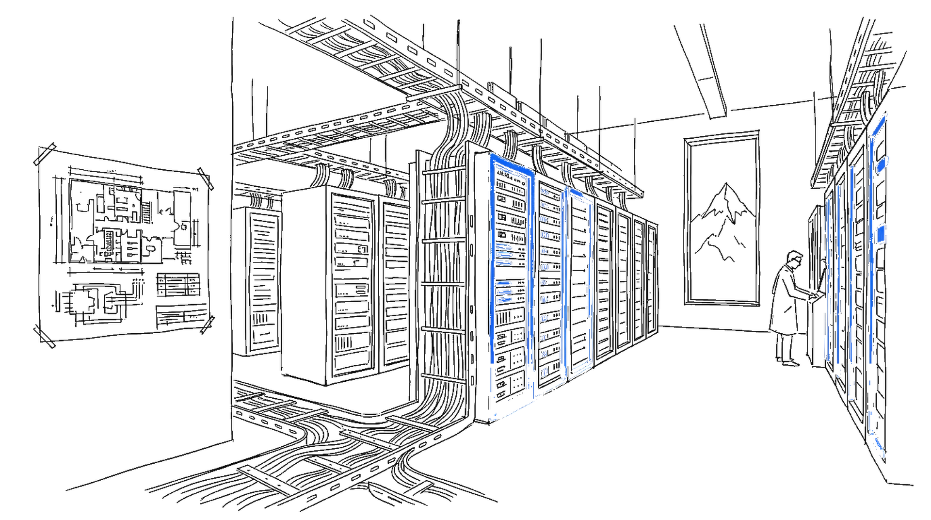 Illustration einer Schweizer Supercomputer-Serverhalle mit offenem Bauplan und Alpengipfel, kinewsletter.ch Stil