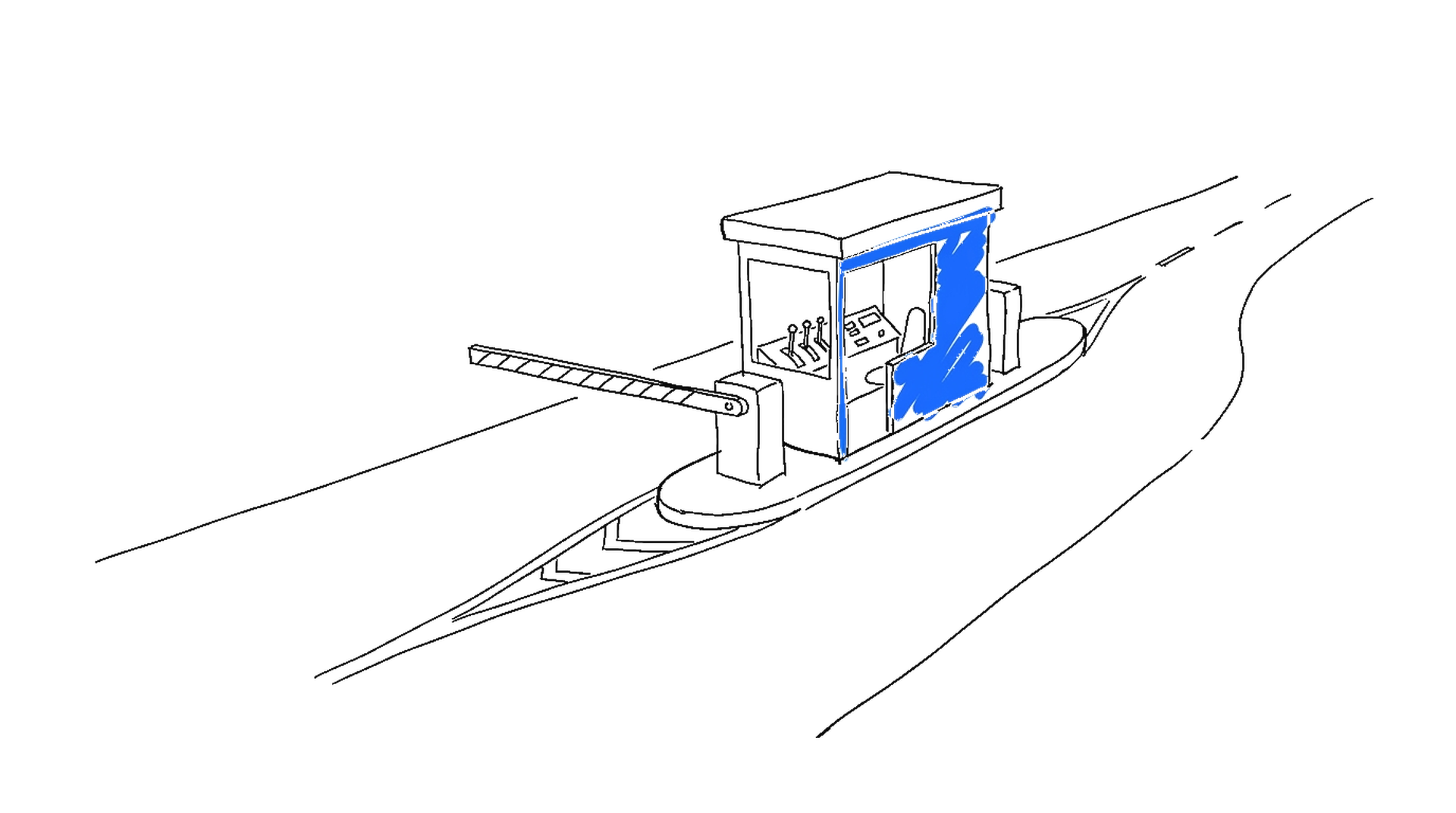 Illustration einer Autobahn-Mautstelle als Metapher fuer die Zwischenschicht zwischen KI-Modellen, kinewsletter.ch Stil