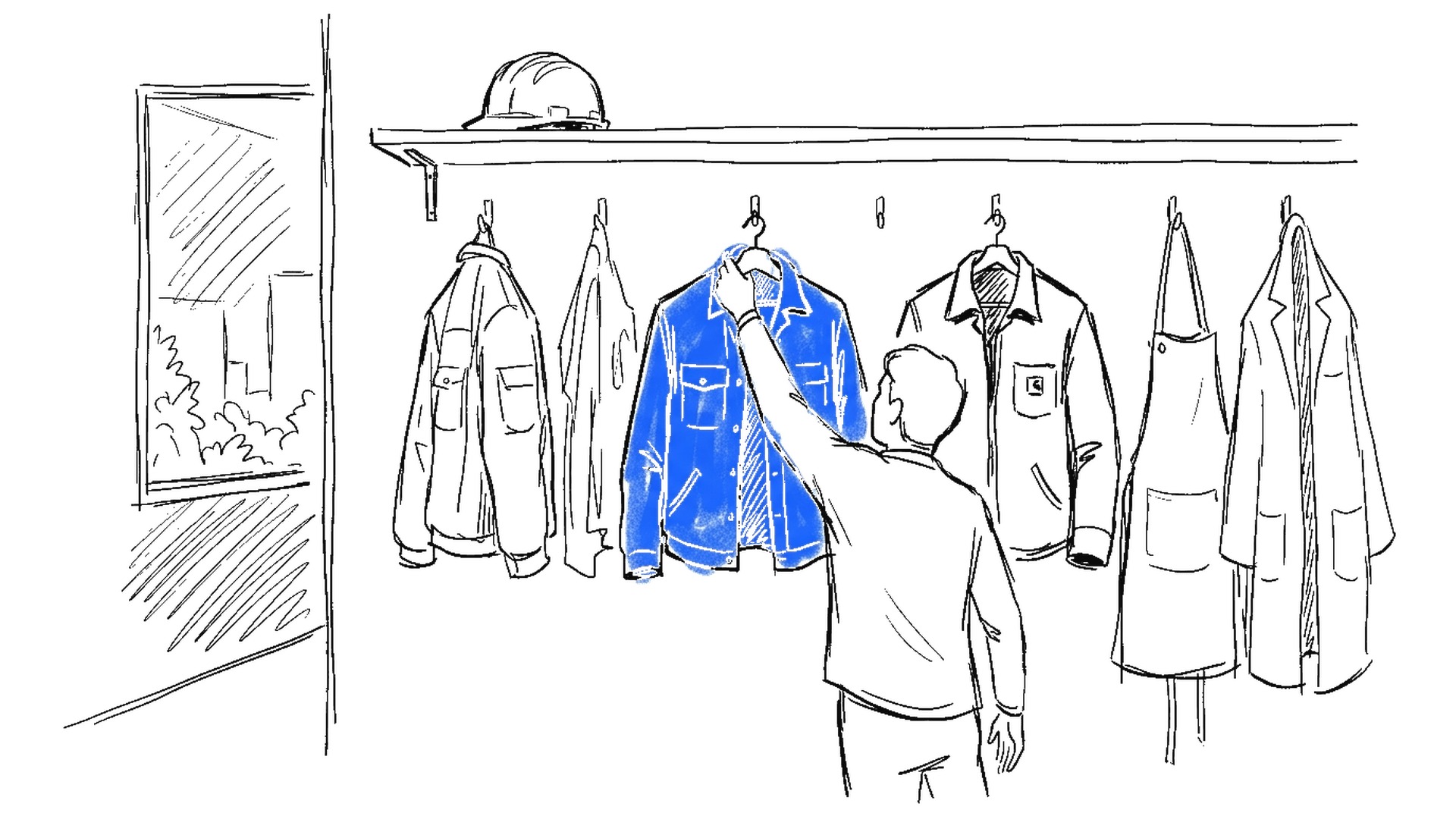 Illustration einer Garderobenleiste mit Arbeitsjacken, kinewsletter.ch Stil