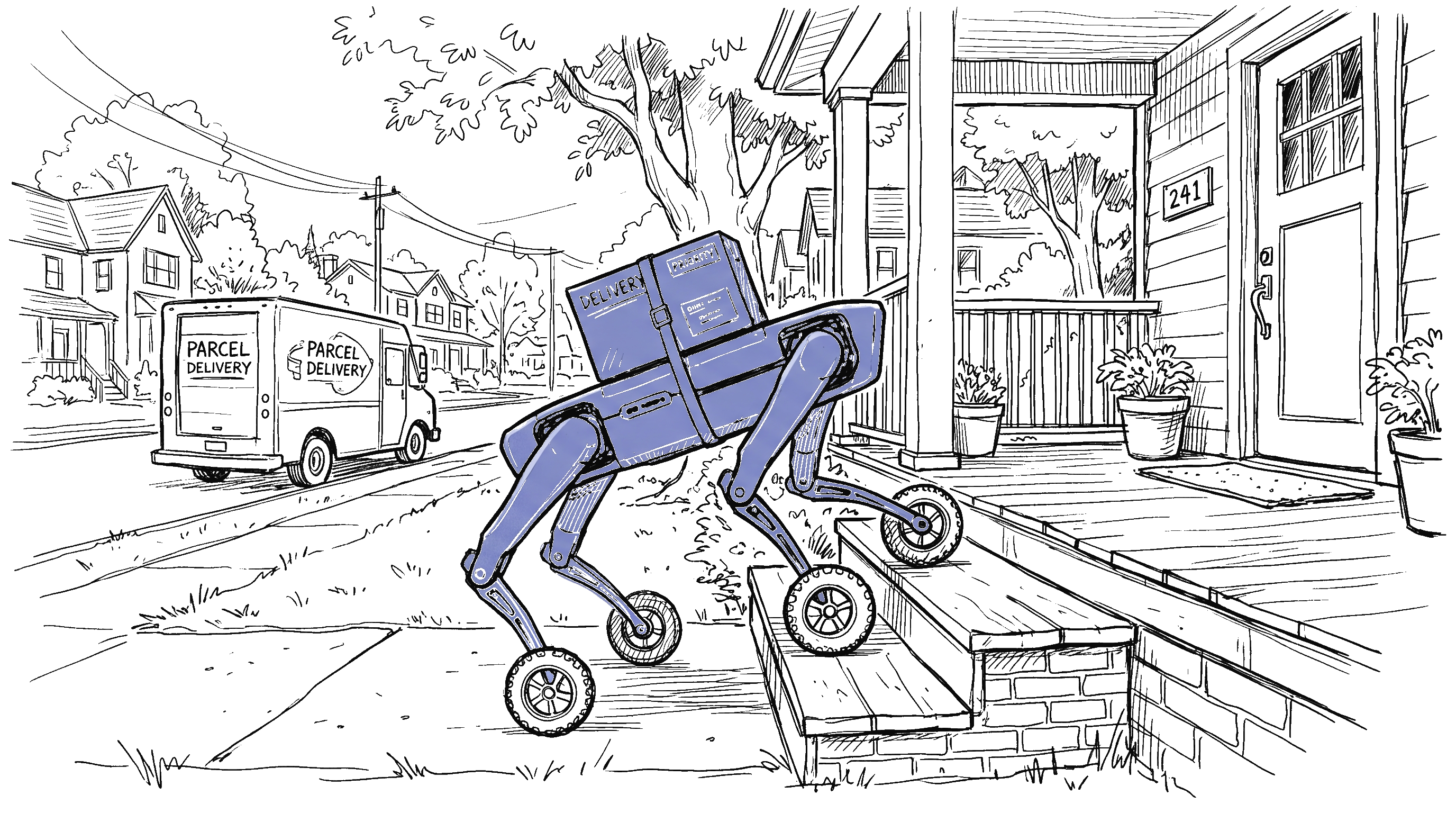 Lieferroboter auf Rädern klettert Treppenstufen – Illustration zur RIVR-Übernahme durch Amazon