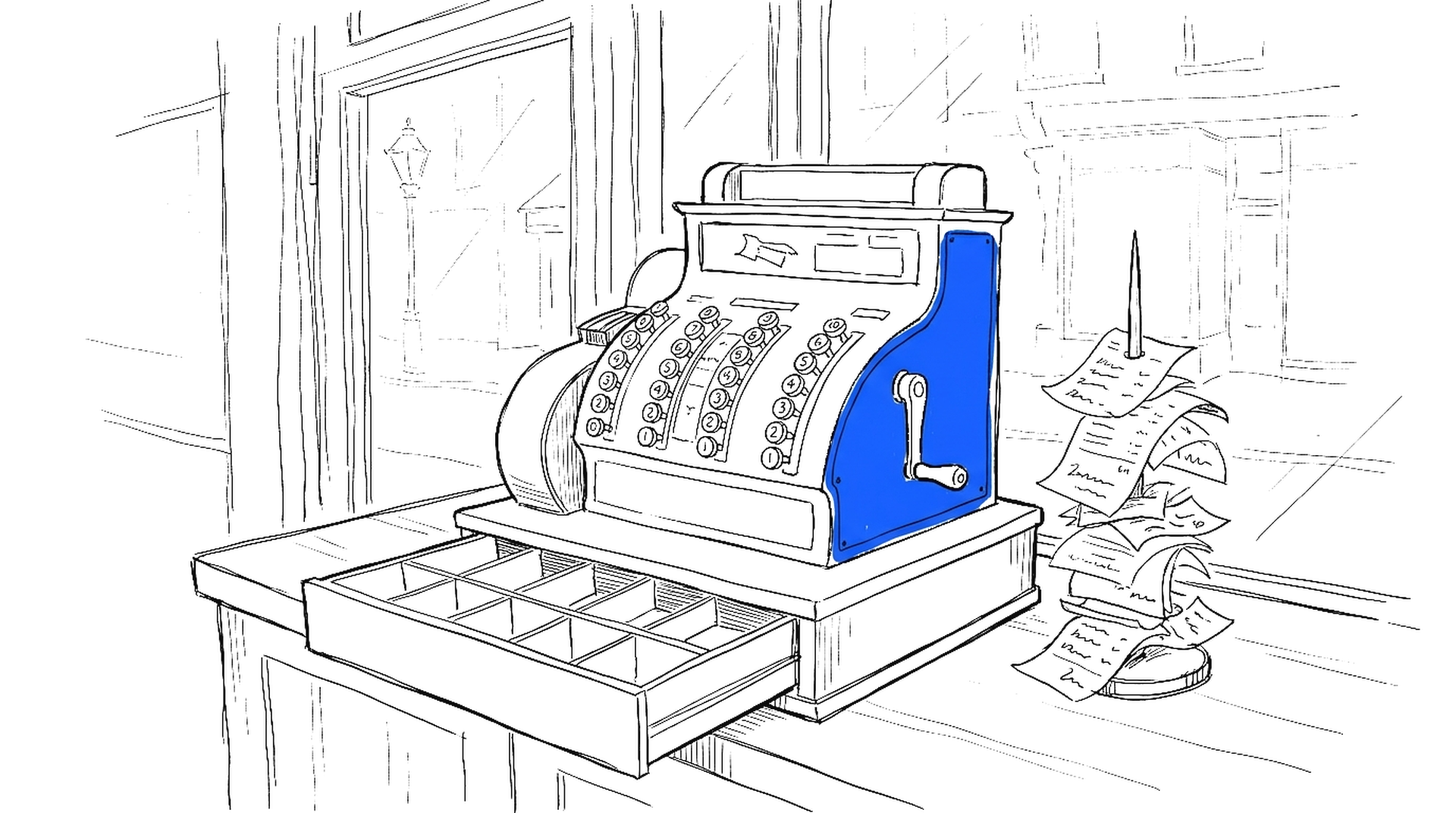 Illustration einer alten mechanischen Registrierkasse mit leerer Geldschublade, kinewsletter.ch Stil