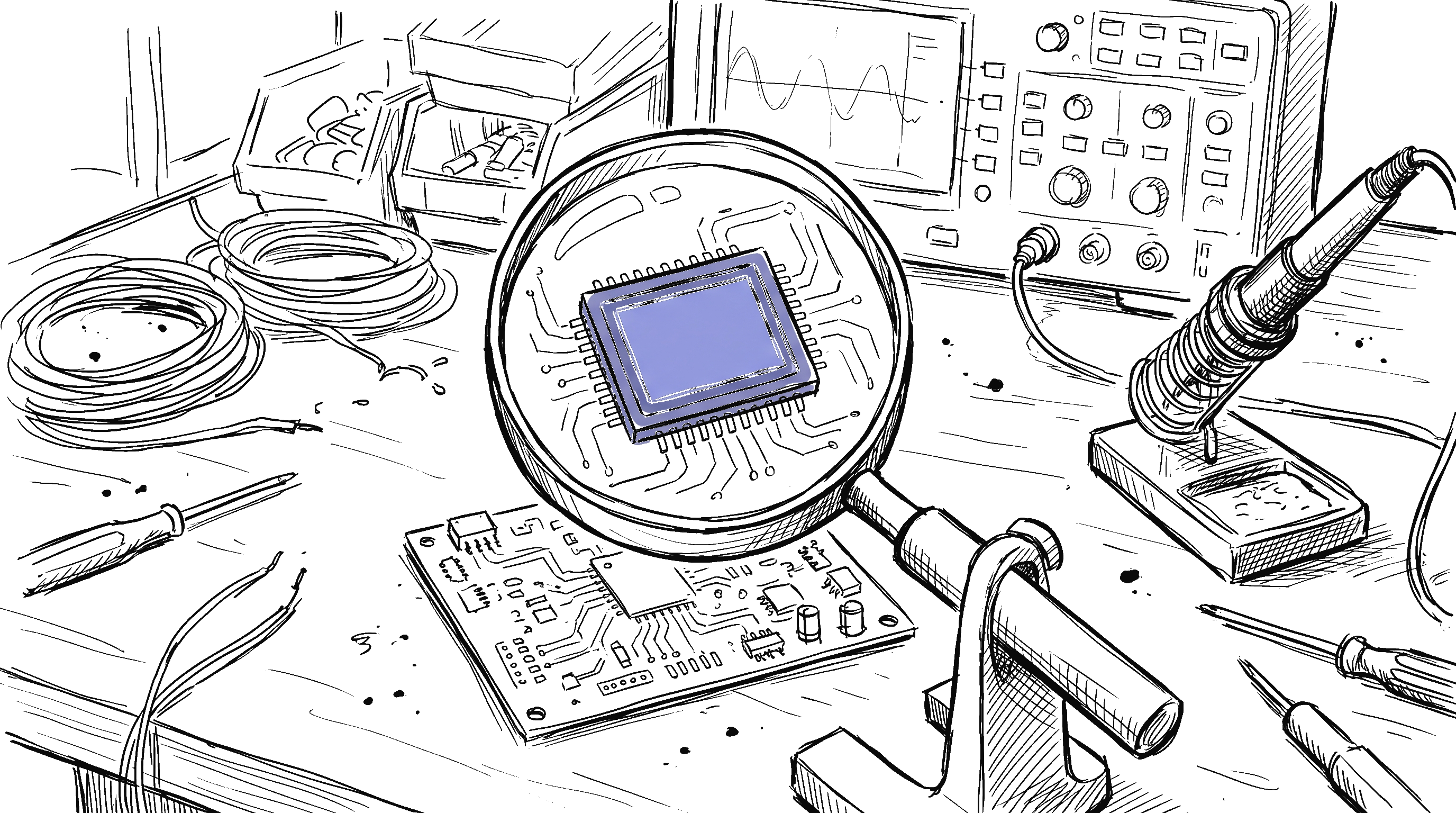 Sensorchip auf Labortisch mit Lötkolben und Lupe – Illustration zum ETH Anti-Deepfake-Chip