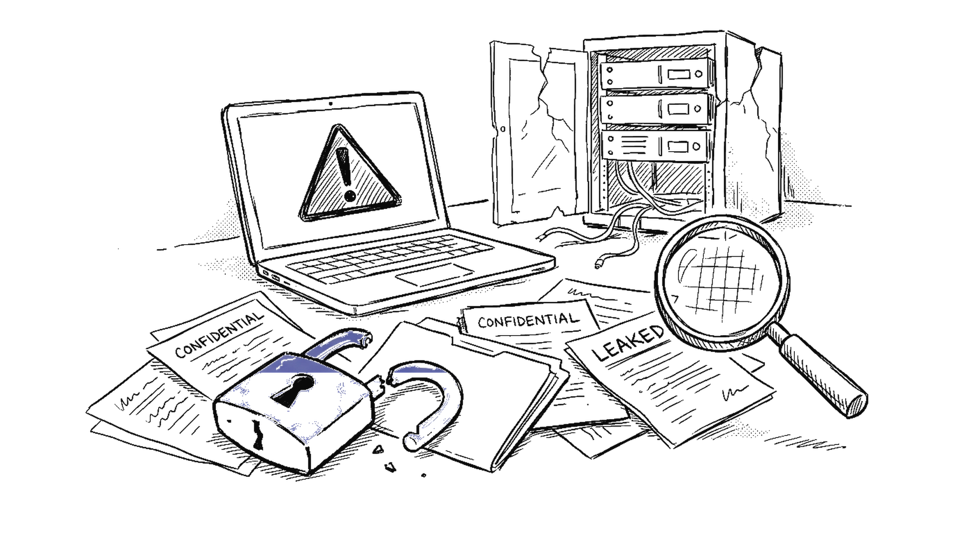 Illustration eines aufgebrochenen Schlosses auf verstreuten Dokumenten – symbolisiert das Anthropic-Datenleck