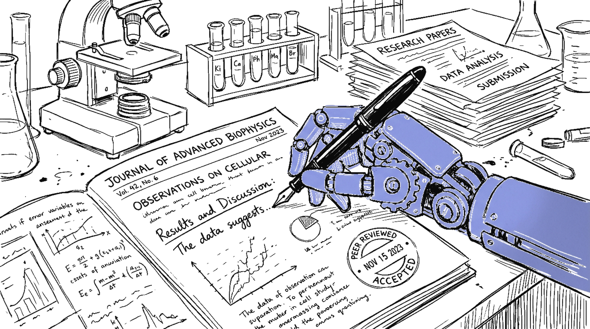 Illustration einer Roboterhand, die mit einem Füllfederhalter auf ein wissenschaftliches Journal schreibt