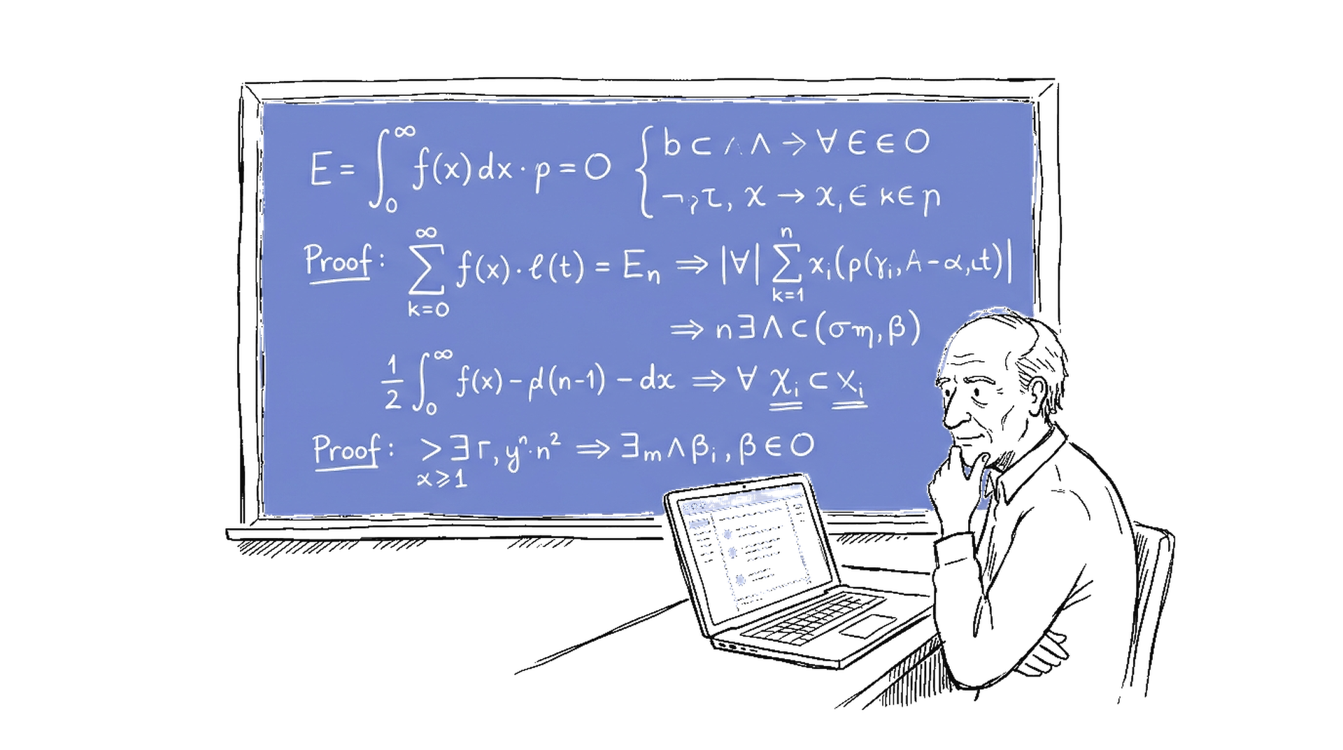 Illustration einer Wandtafel mit mathematischen Formeln neben einem Laptop mit Chat-Interface