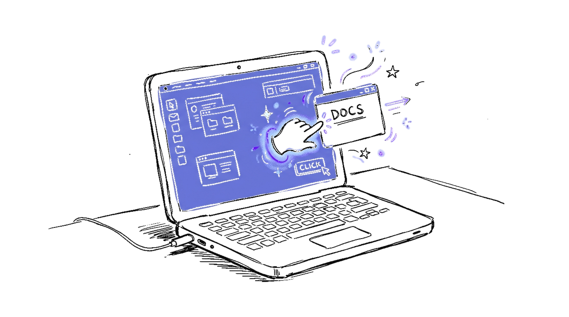 Illustration eines Laptops mit autonomem Cursor, der selbstständig Fenster bewegt und Buttons klickt