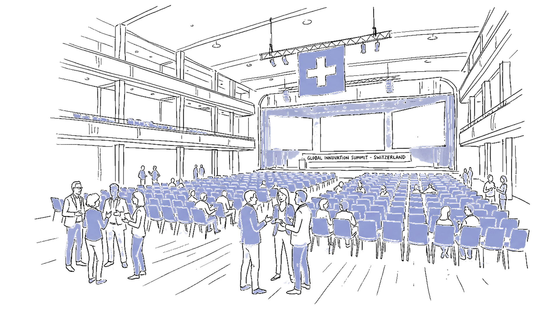 Illustration einer Konferenzhalle mit Bühne, Publikum und Schweizer Flagge für den GenAI Zürich Summit