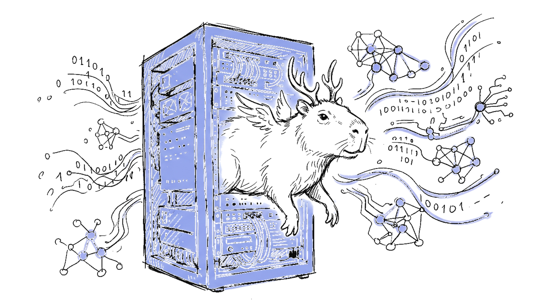Illustration eines mythischen Capybaras vor einem Server-Rack mit Datenströmen