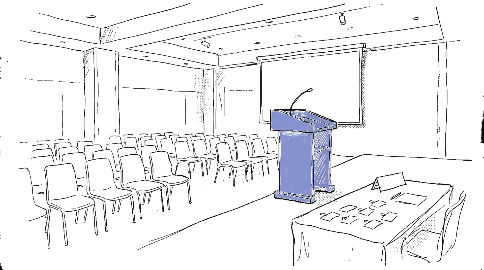 Illustration eines Konferenzsaals mit Podium und Stuhlreihen, kinewsletter.ch Stil