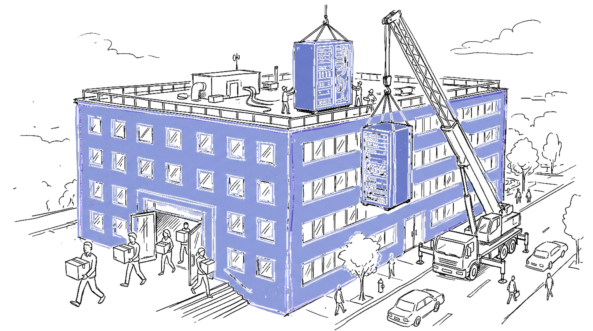 Skizze eines Bürogebäudes das sich in ein Datacenter verwandelt – symbolisiert Oracles Shift von Personal zu KI-Infrastruktur