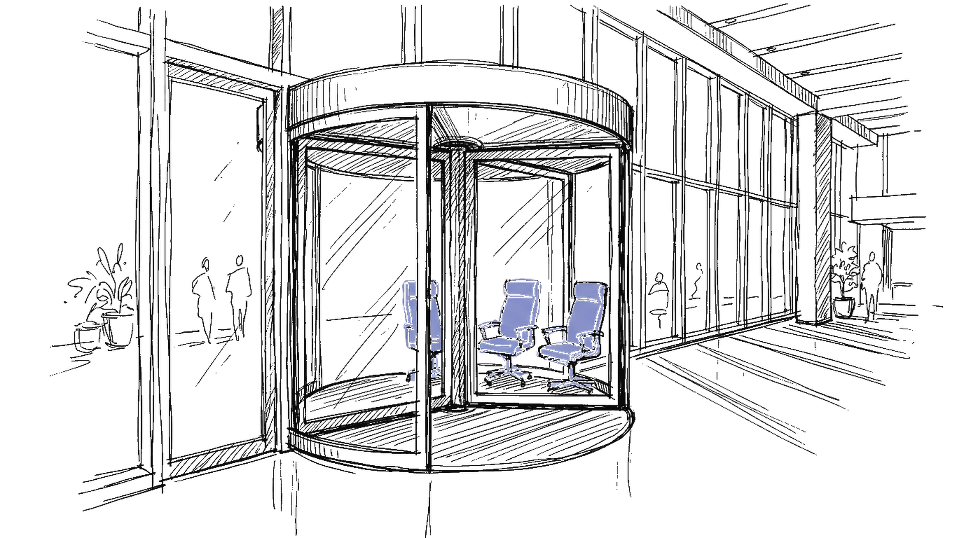 Drehtür in Firmenlobby mit leeren Chefsesseln – OpenAI Führungswechsel