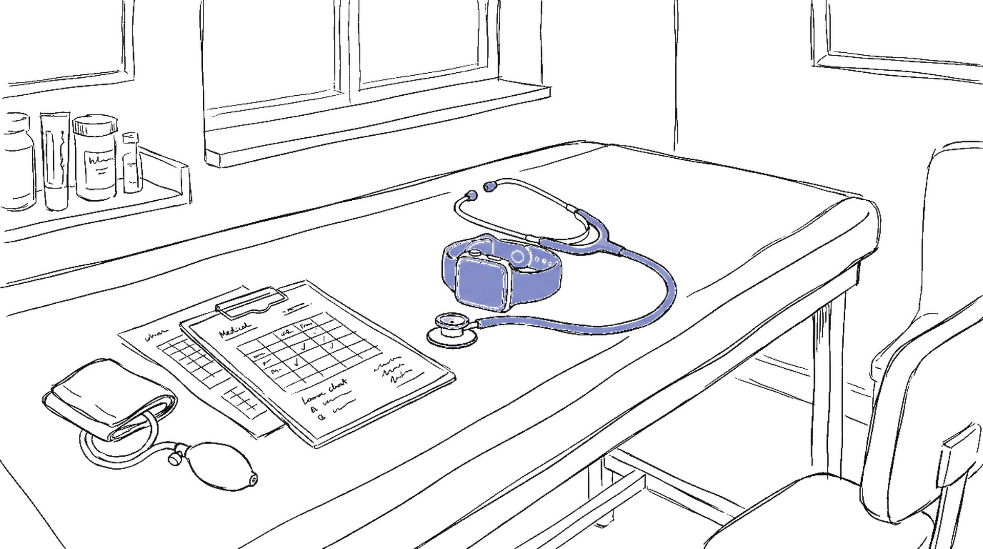 Illustration einer medizinischen Untersuchungsliege mit Stethoskop und Smartwatch, kinewsletter.ch Stil