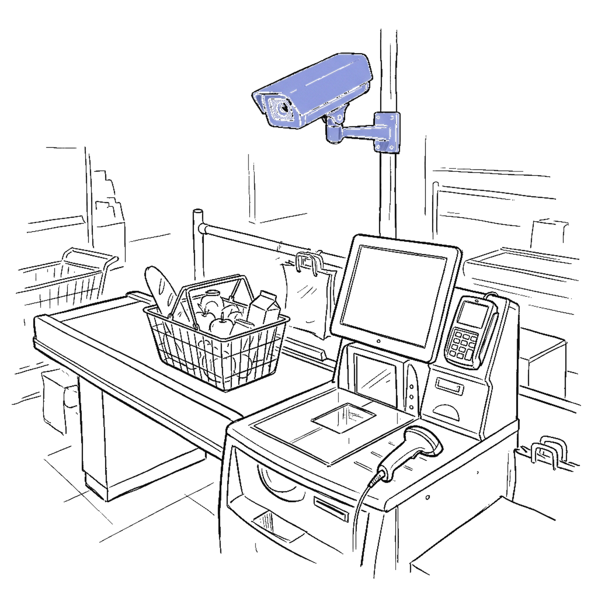 Illustration Supermarkt Self-Checkout mit Überwachungskamera, kinewsletter.ch Stil