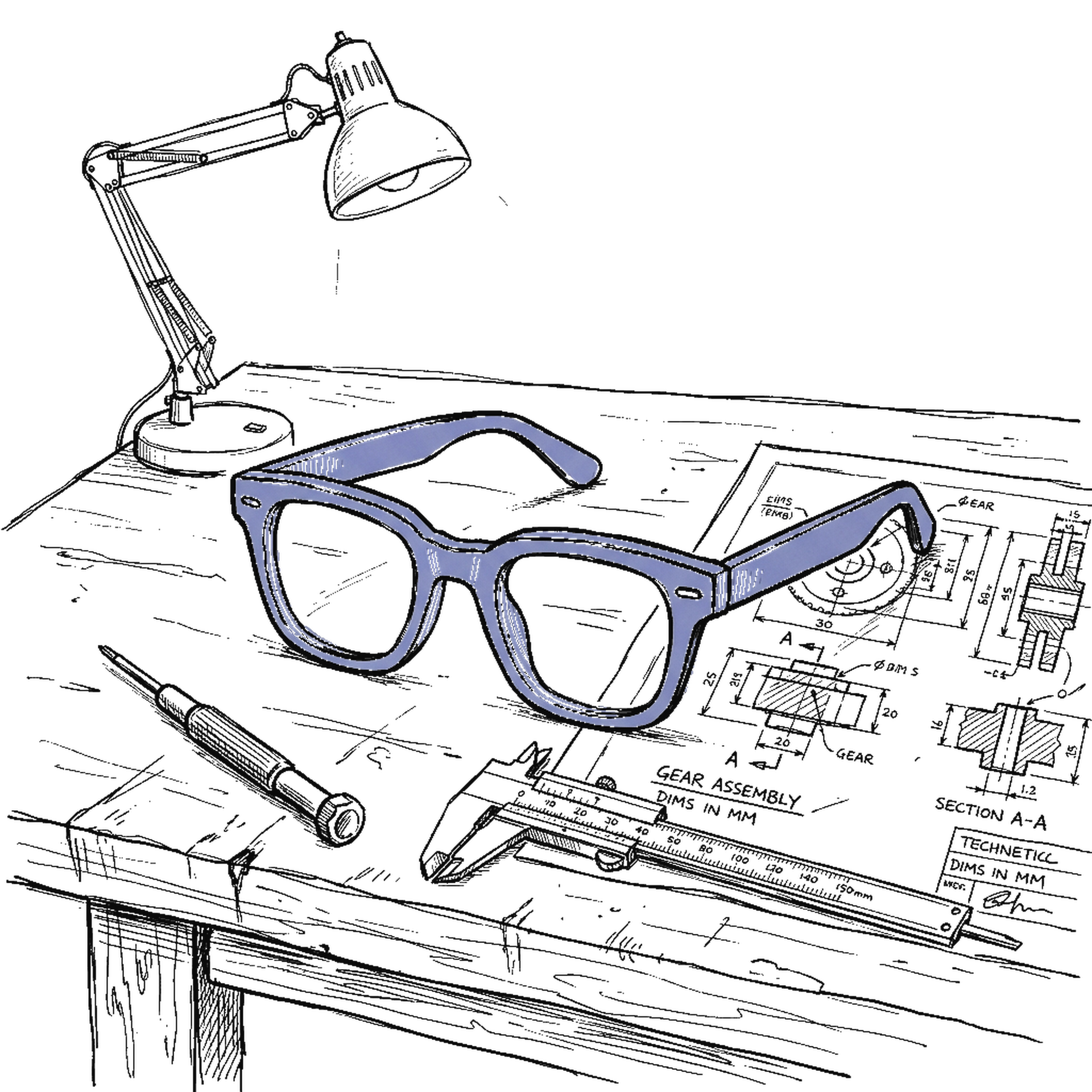 Illustration Brille auf Werkstatt-Tisch mit Blueprint, kinewsletter.ch Stil