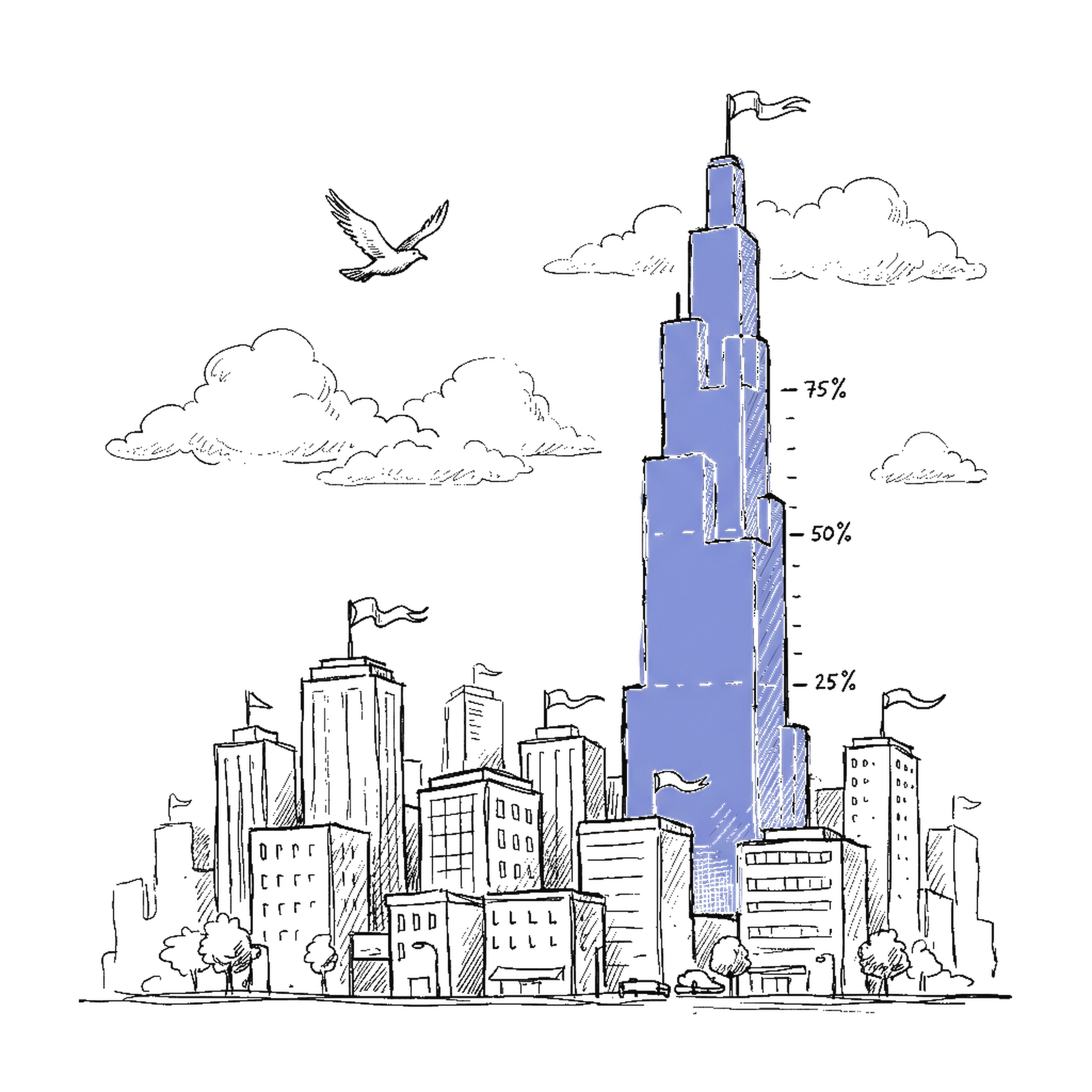 Illustration Wolkenkratzer und Stadt-Skyline, kinewsletter.ch Stil