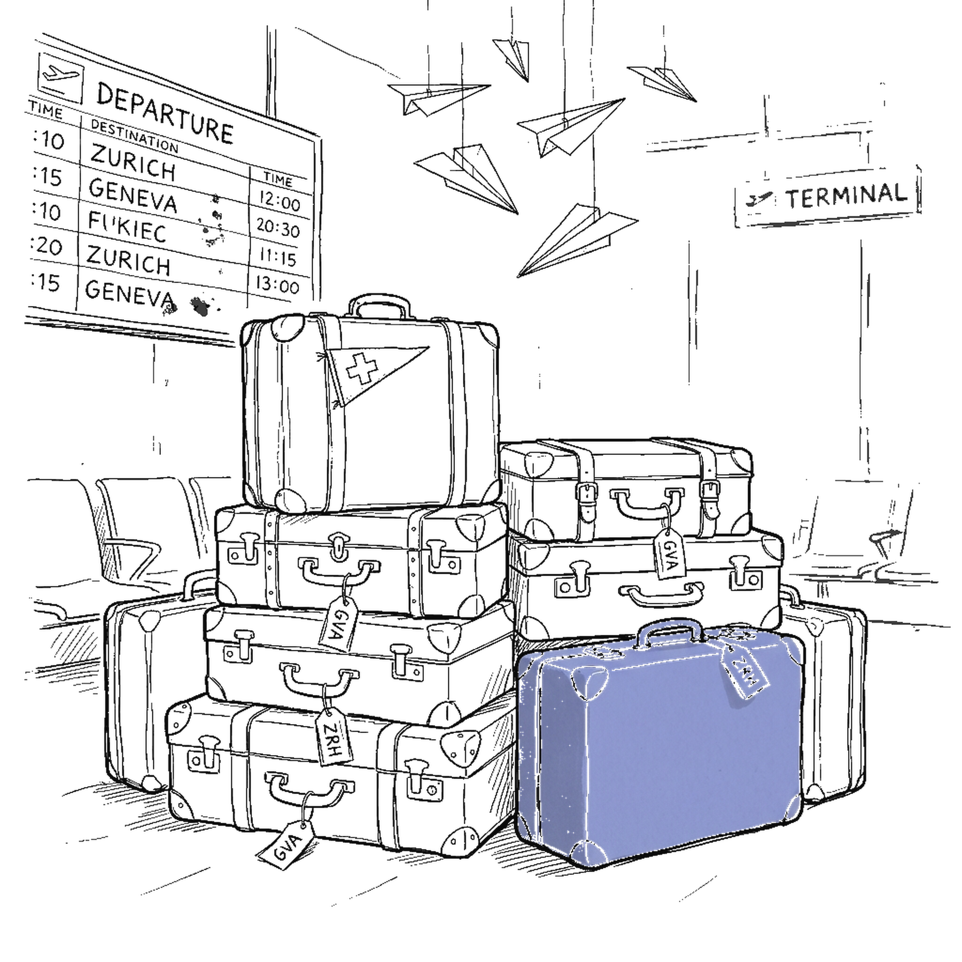 Illustration Koffer am Flughafen mit Schweizer Flagge, kinewsletter.ch Stil