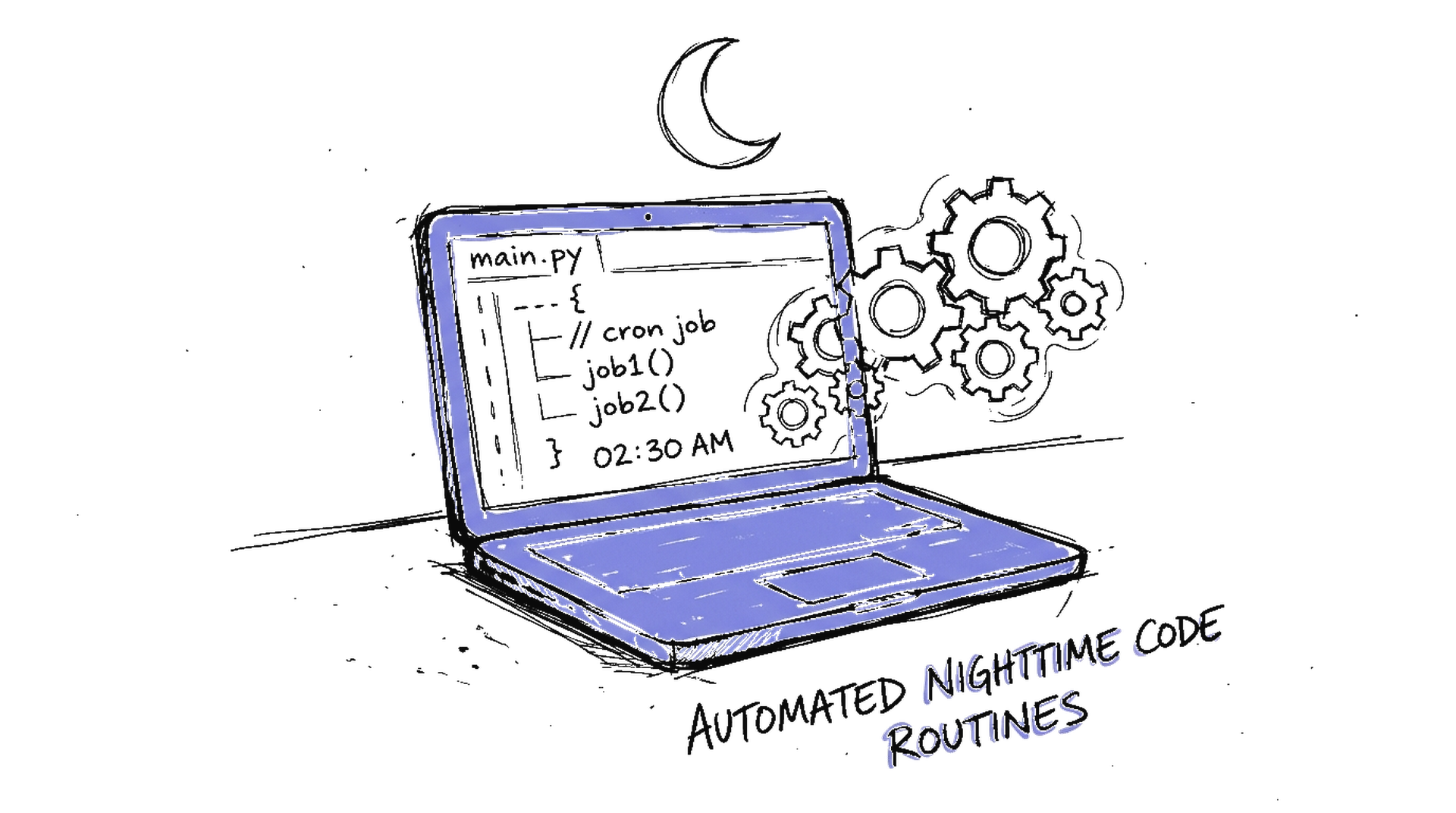 Illustration Laptop mit Zahnrädern und Mond, kinewsletter.ch Stil