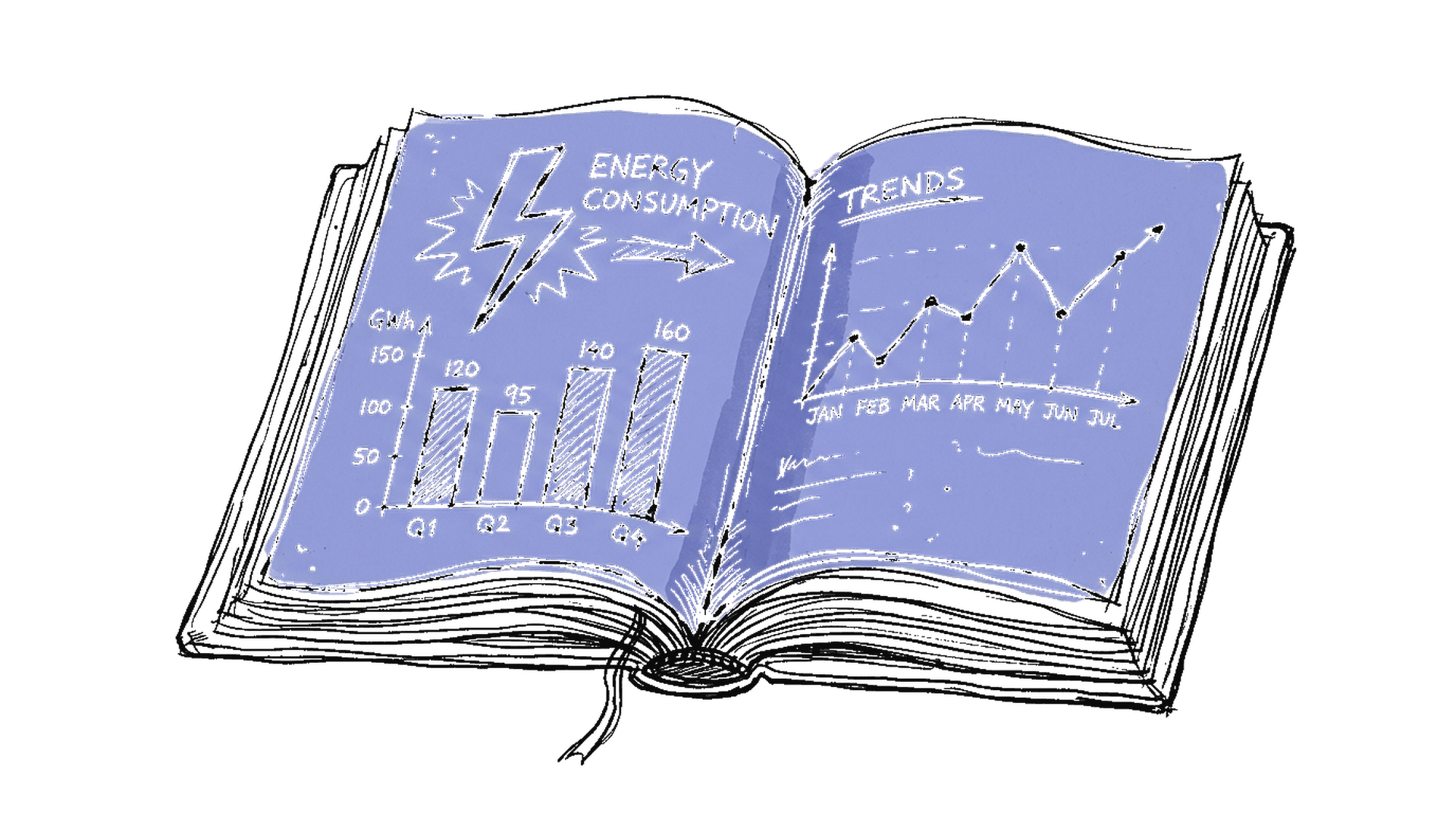 Illustration Report-Buch mit Charts und Blitz, kinewsletter.ch Stil