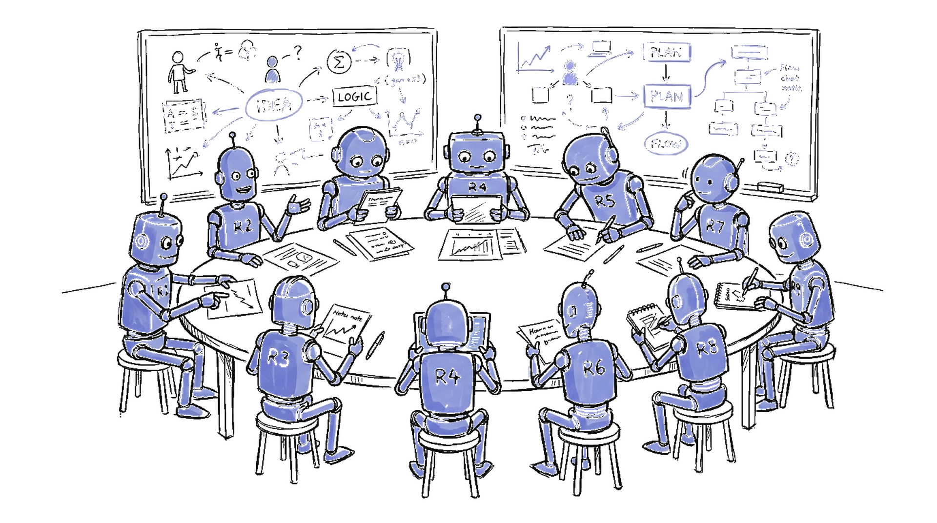 Illustration Roboter-Forscher am Tisch, kinewsletter.ch Stil