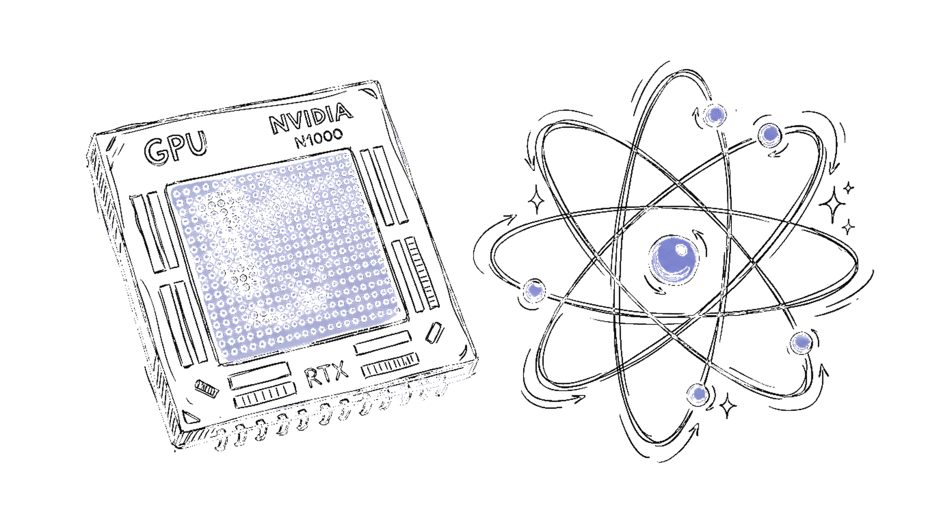 Illustration GPU-Chip mit Atomen, kinewsletter.ch Stil