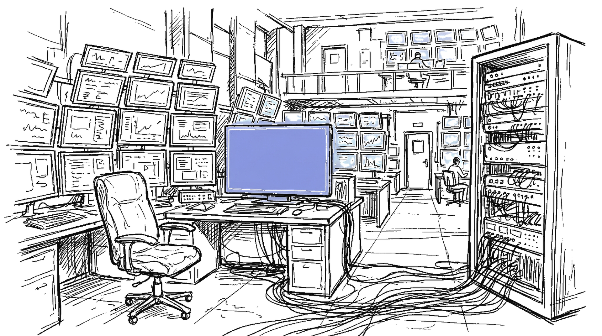 Illustration einer Schaltzentrale mit Monitoren und Servern, kinewsletter.ch Stil
