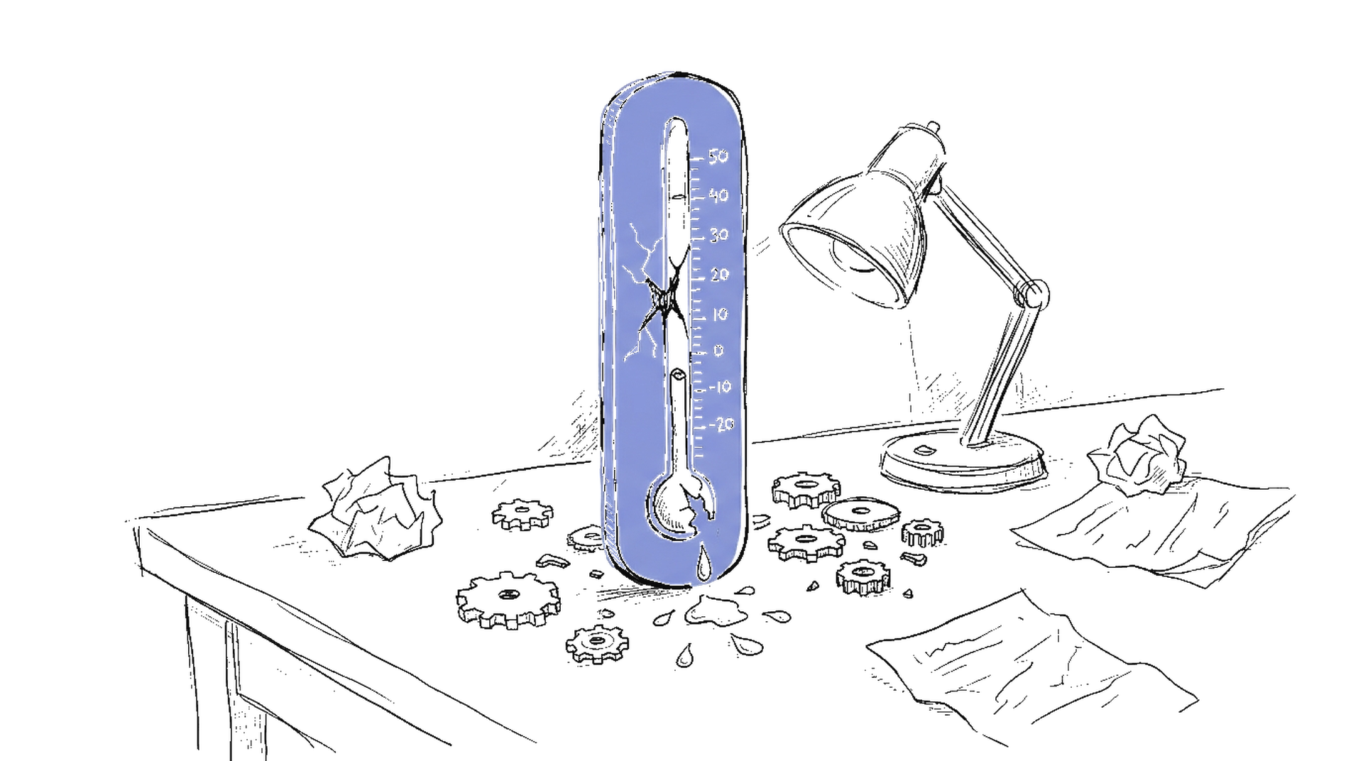 Illustration eines Thermometers mit fallendem Quecksilber und zerbrochenen Zahnrädern, kinewsletter.ch Stil