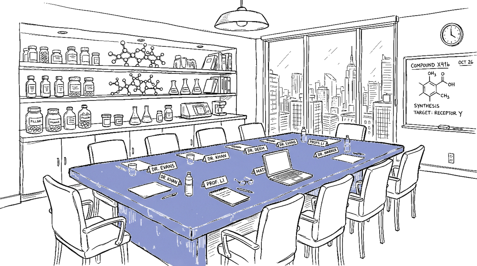 Illustration Konferenzraum mit Molekülmodellen, kinewsletter.ch Stil