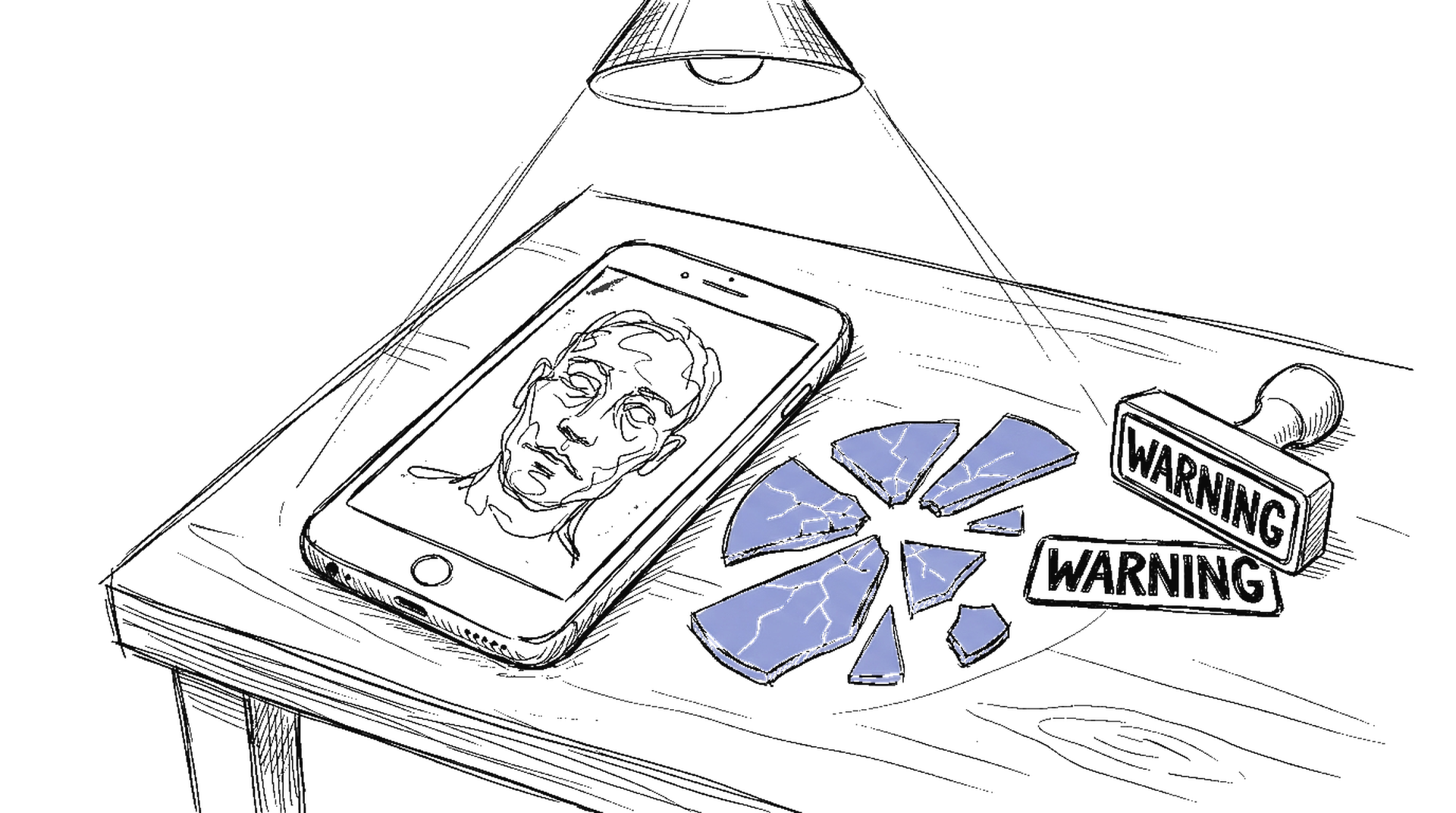Illustration Smartphone mit verzerrtem Gesicht und Warning-Stempel, kinewsletter.ch Stil
