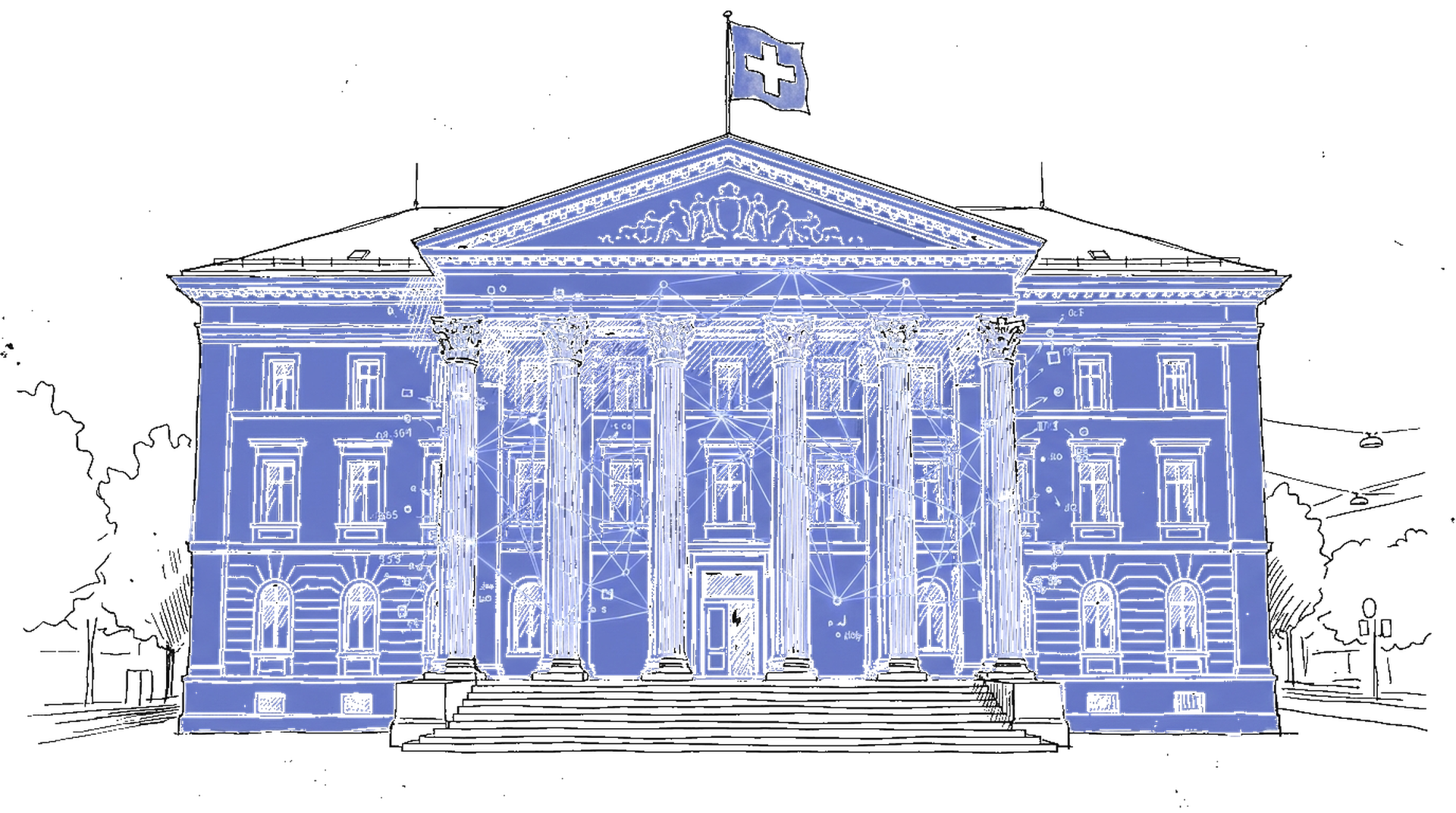 Handgezeichnete Tuscheskizze eines Schweizer Regierungsgebäudes mit digitalem Netzwerk-Overlay