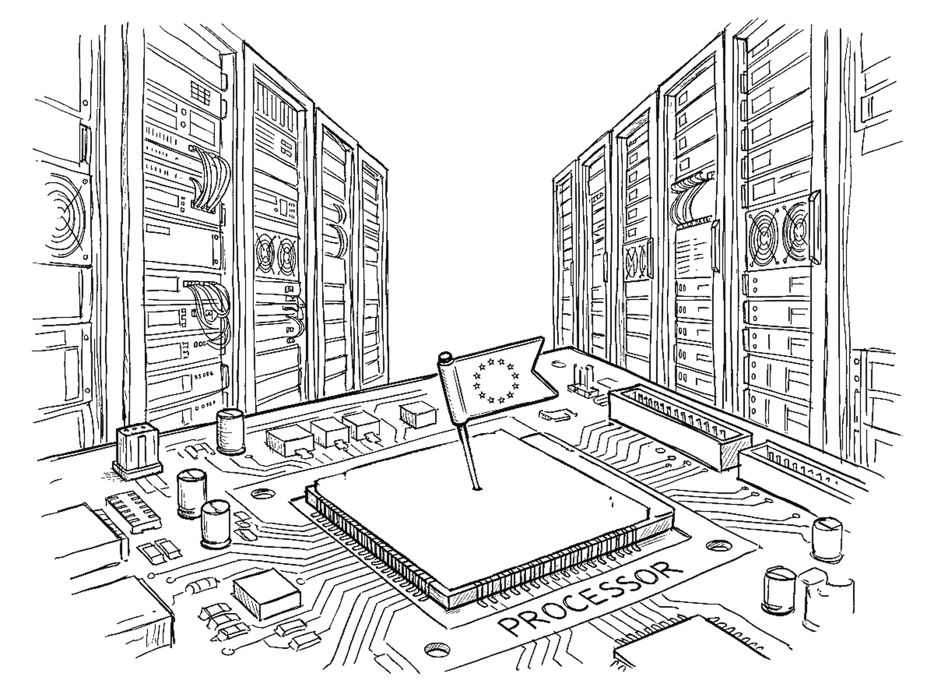 Skizze eines Computerchips auf einer Platine vor Reihen hoher Serverschränke, eine kleine Fahne mit Sternenkreis steckt auf dem Chip