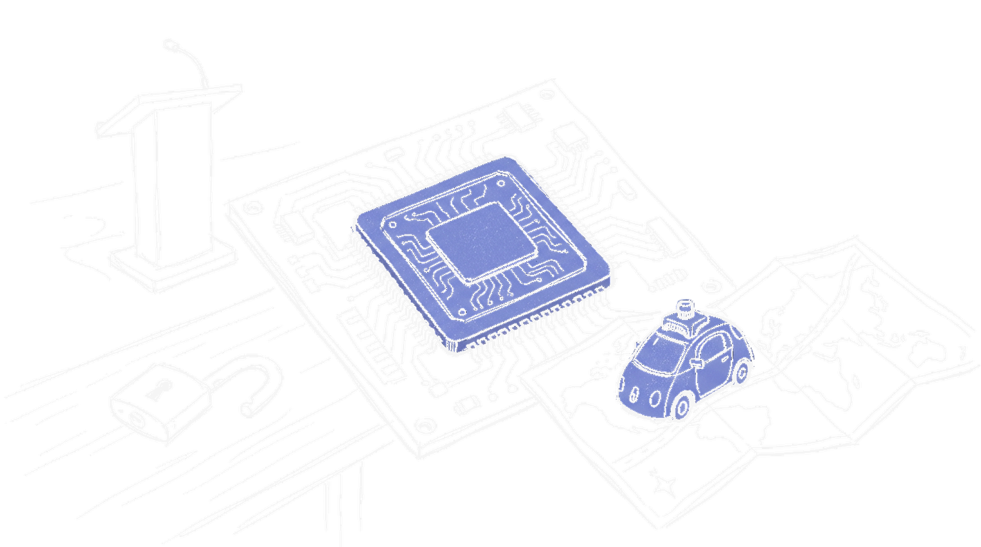 Handgezeichnete Skizze: GPU-Chip mit Rakete und Benchmark-Diagramm – NVIDIA Nemotron 3 Super und Alpamayo (Dark Mode)