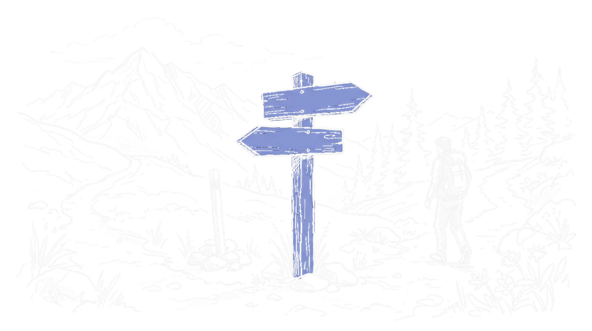 Illustration eines Wegweisers mit zwei Pfeilen in alpiner Landschaft, Dark Mode, kinewsletter.ch Stil