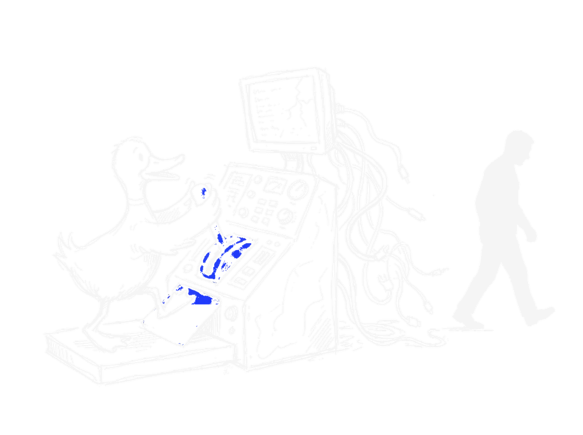 Skizze einer Ente, die einen grossen Hebel an einer blauen Schalttafel zieht, im Hintergrund verlässt ein Mensch den Bildschirm (Dark)
