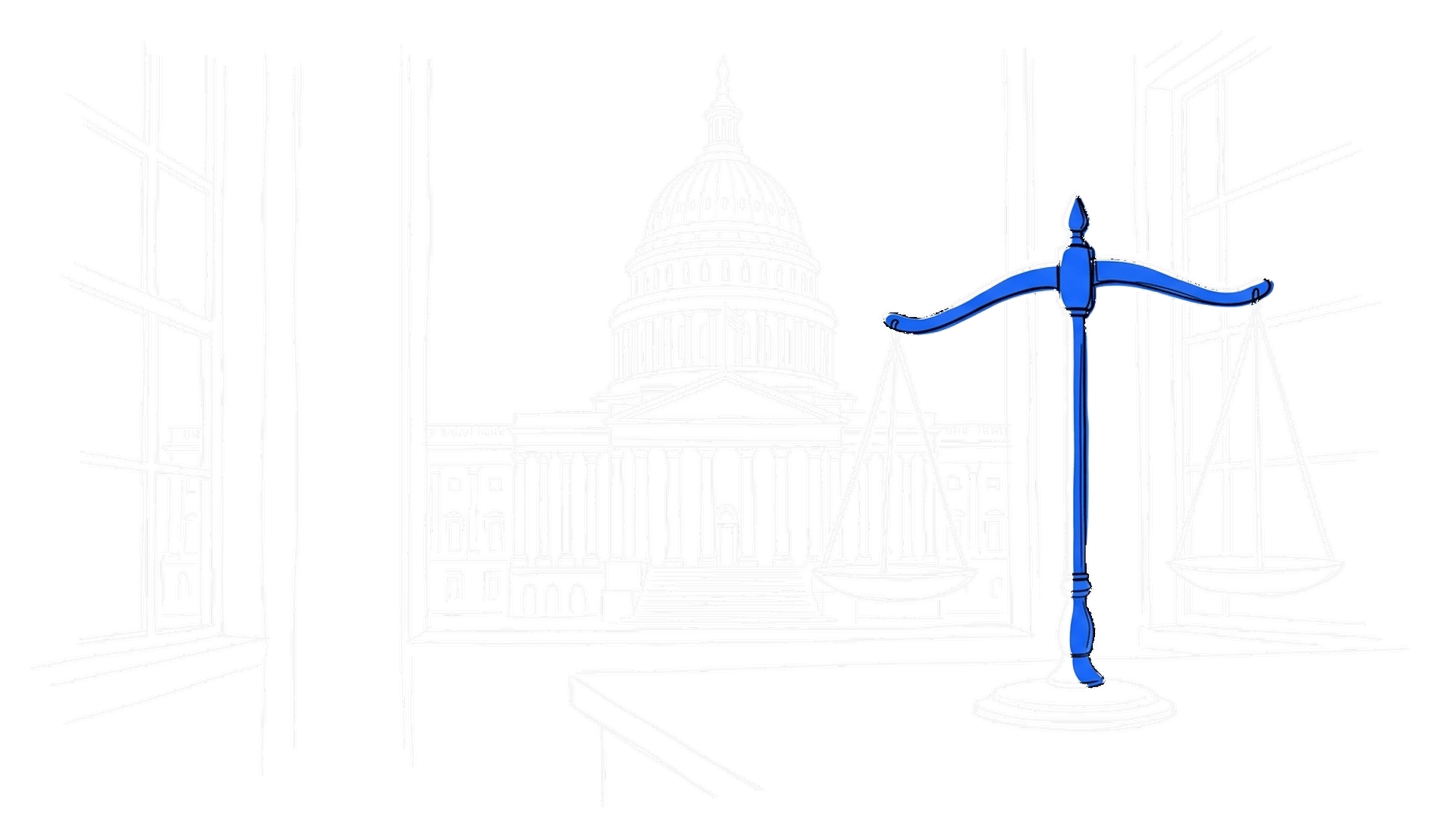 Illustration eines Kapitols mit Waage der Justiz, kinewsletter.ch Stil