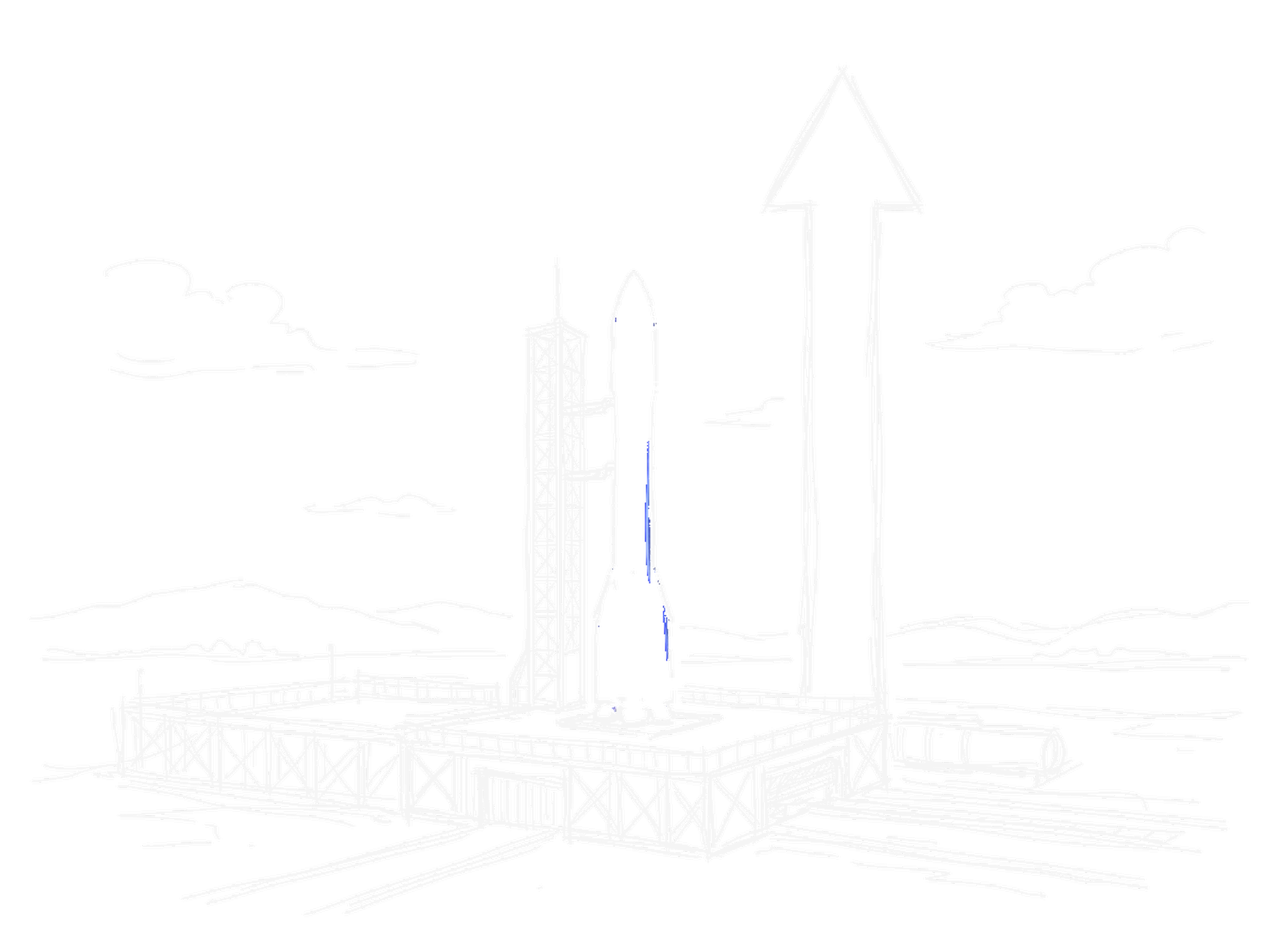 Skizze einer Rakete auf einer Startrampe neben einem grossen nach oben zeigenden Pfeil, Startturm, Hügel im Hintergrund, kinewsletter.ch Stil (Dark)