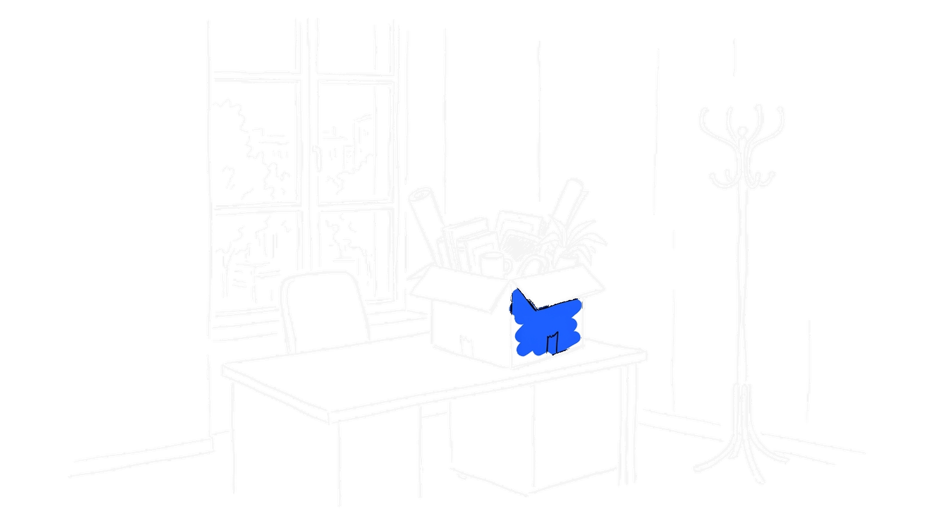 Illustration eines geräumten Bürotischs mit gepackter Umzugskiste und leerem Garderobenständer, kinewsletter.ch Stil